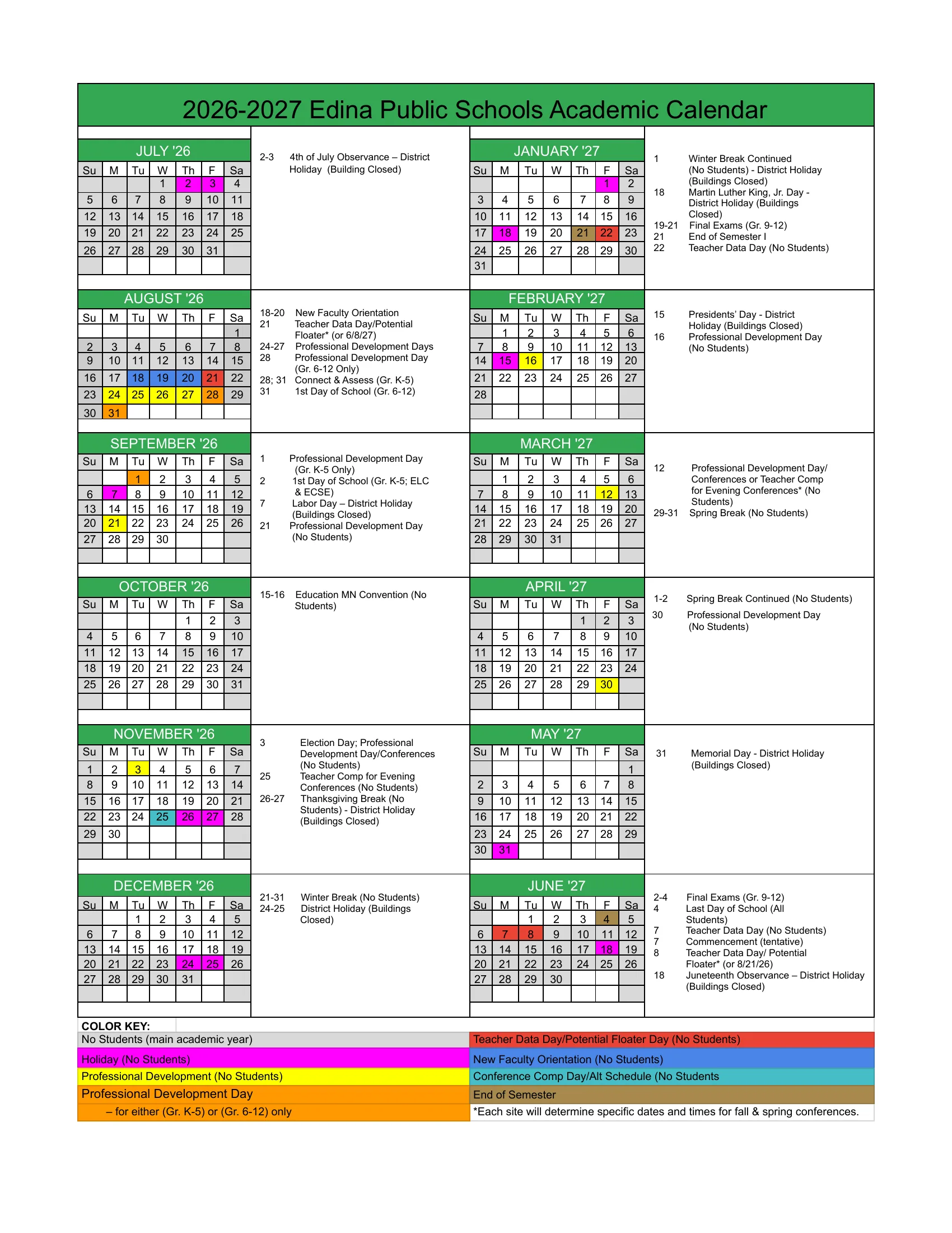 The 2026-2027 Edina Public Schools Academic Calendar: twelve month grids from July 2026 to June 2027 beside a list of key dates for each month, with holidays in magenta, professional development days in yellow, grade-level professional development days in orange, teacher data days in red, new faculty orientation in blue, the conference comp day in teal, the end of each semester in brown, other no-student days in gray, and a color key.