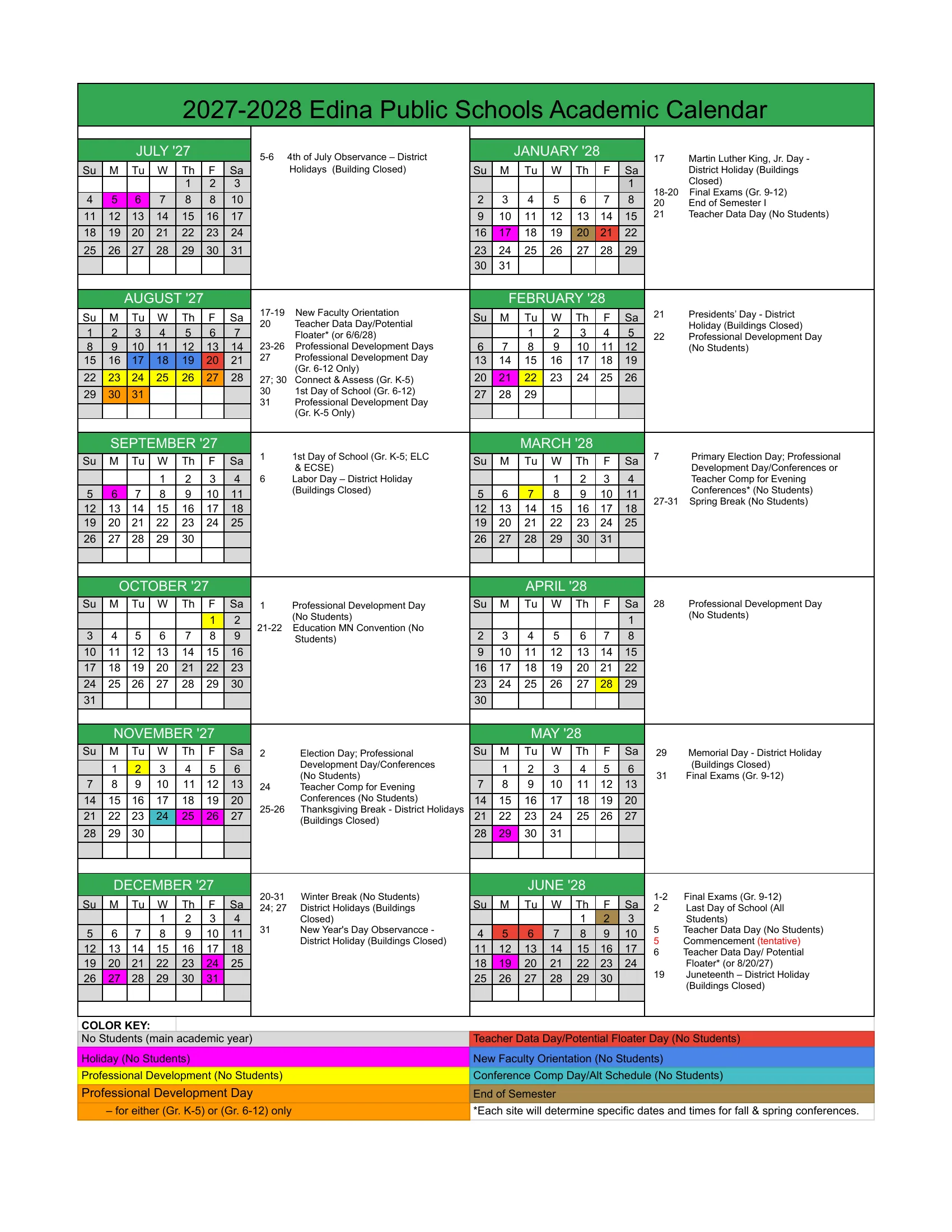 The 2027-2028 Edina Public Schools Academic Calendar: twelve month grids from July 2027 to June 2028 beside a list of key dates for each month, with holidays in magenta, professional development days in yellow, grade-level professional development days in orange, teacher data days in red, new faculty orientation in blue, the conference comp day in teal, the end of each semester in brown, other no-student days in gray, and a color key.