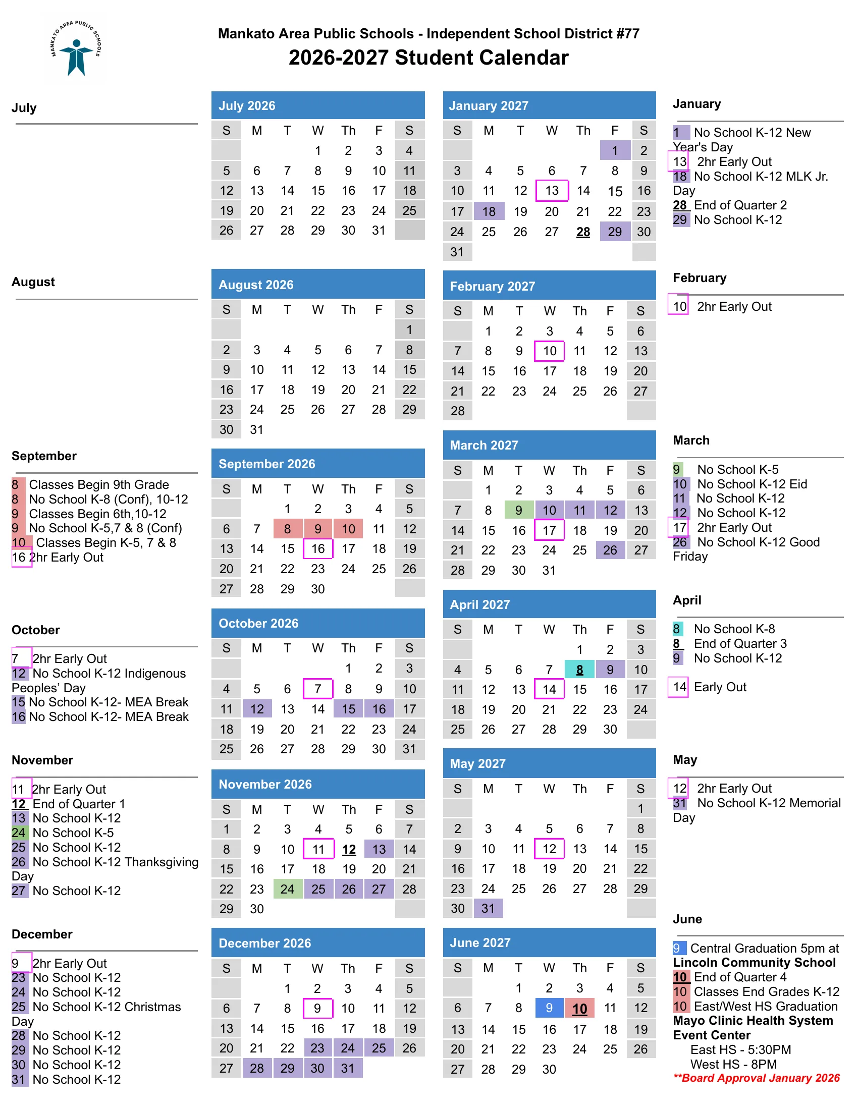 The Mankato Area Public Schools 2026-2027 Student Calendar: month grids from July 2026 to June 2027 with a list of dates beside each month; days with no school shaded purple, the first days of school in red, K-5 only days off in green, K-8 days off in teal, 2-hour early outs outlined in pink and graduation in blue.