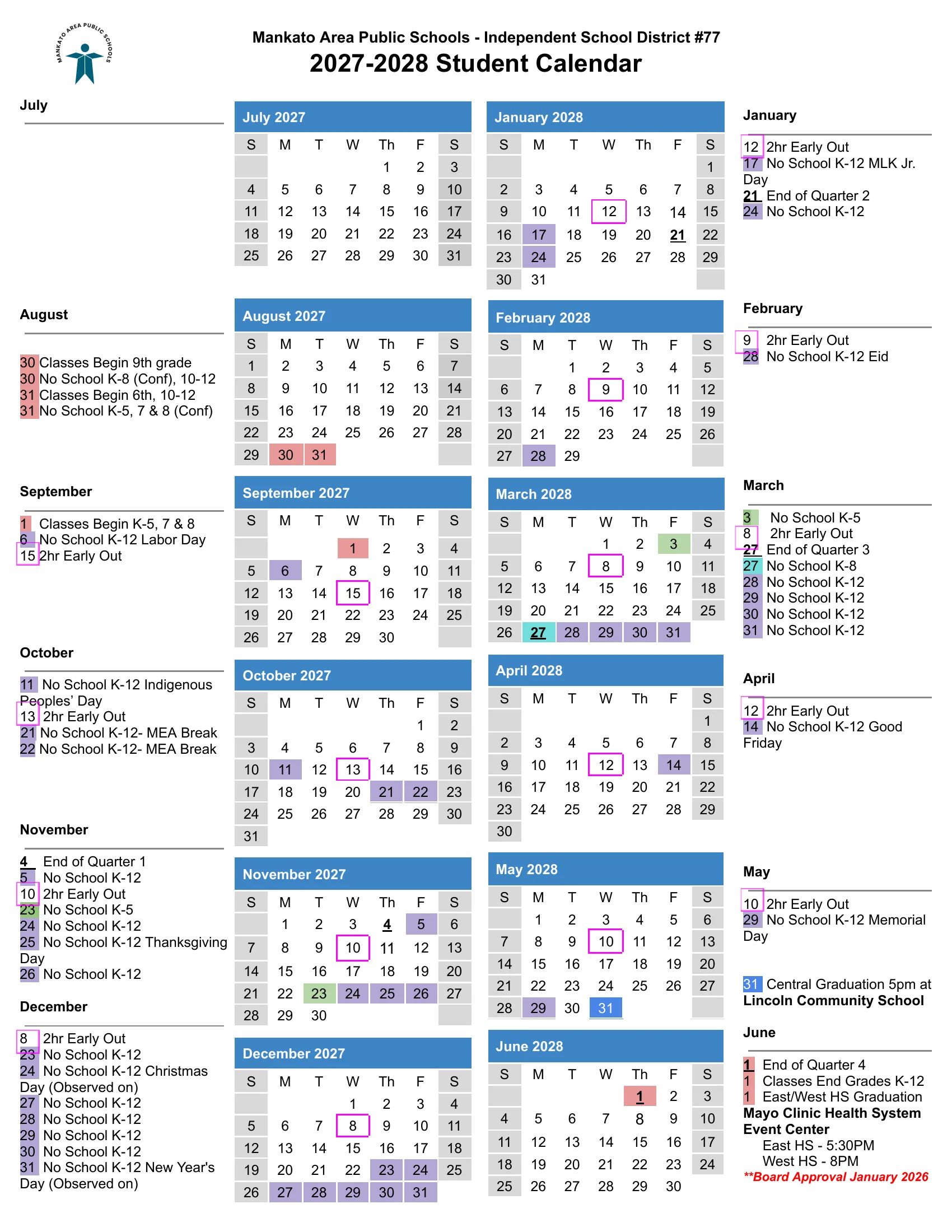 The Mankato Area Public Schools 2027-2028 Student Calendar: month grids from July 2027 to June 2028 with a list of dates beside each month; days with no school shaded purple, the first days of school in red, K-5 only days off in green, the K-8 day off in teal, 2-hour early outs outlined in pink and graduation in blue.