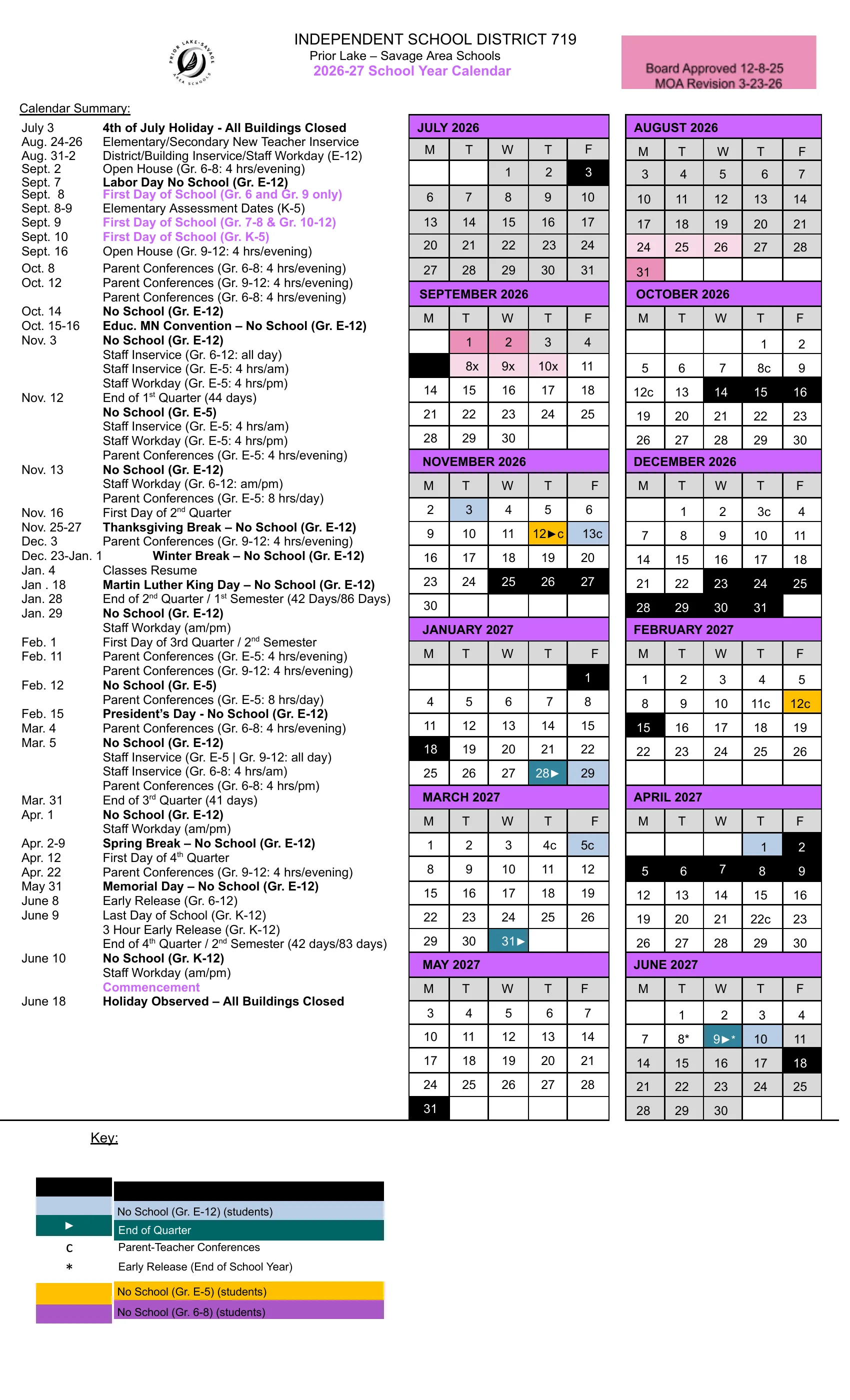 The Prior Lake-Savage Area Schools 2026-27 School Year Calendar: a calendar summary list beside weekday month grids from July 2026 to June 2027, with no-school days for students and teachers in black, no-school days for students in light blue, elementary-only days off in orange, staff inservice days in pink, quarter ends in teal with an arrow, conferences marked c, and a key.