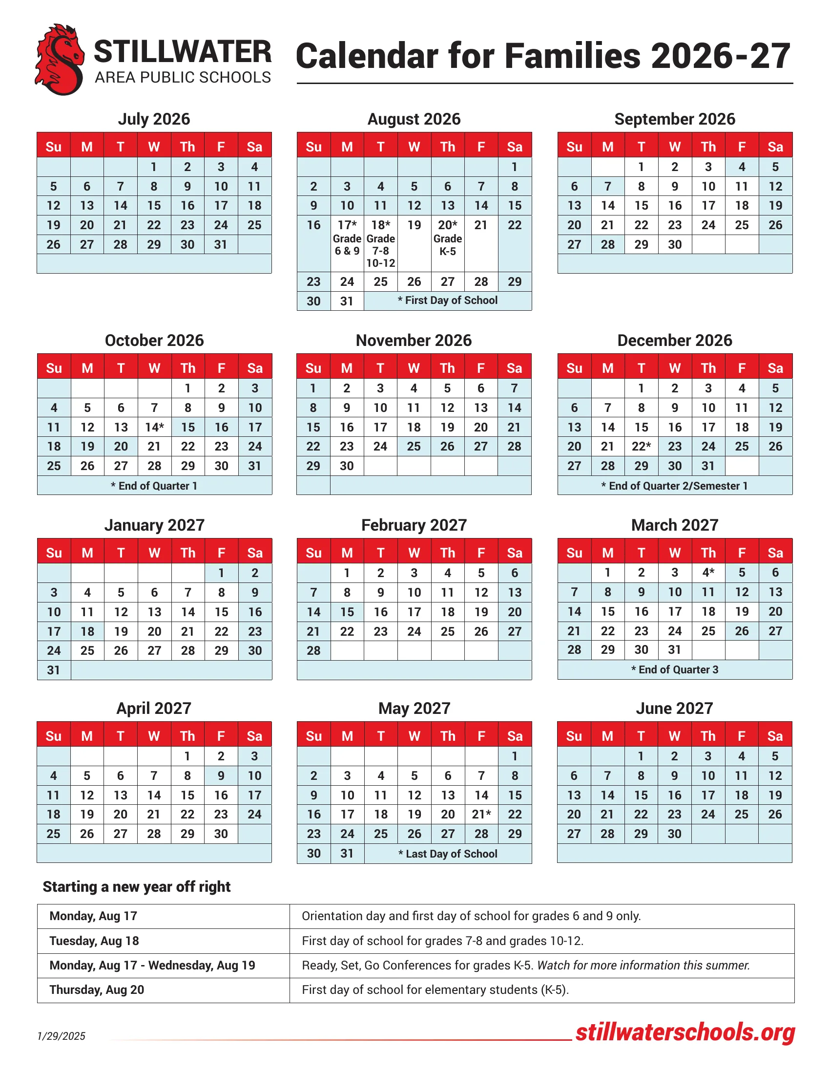 The Stillwater Area Public Schools Calendar for Families 2026-27: month grids from July 2026 to June 2027 with no-school days shaded light blue, the first day of school for each grade group, the ends of quarters and the last day starred, and a table of the first days of school.