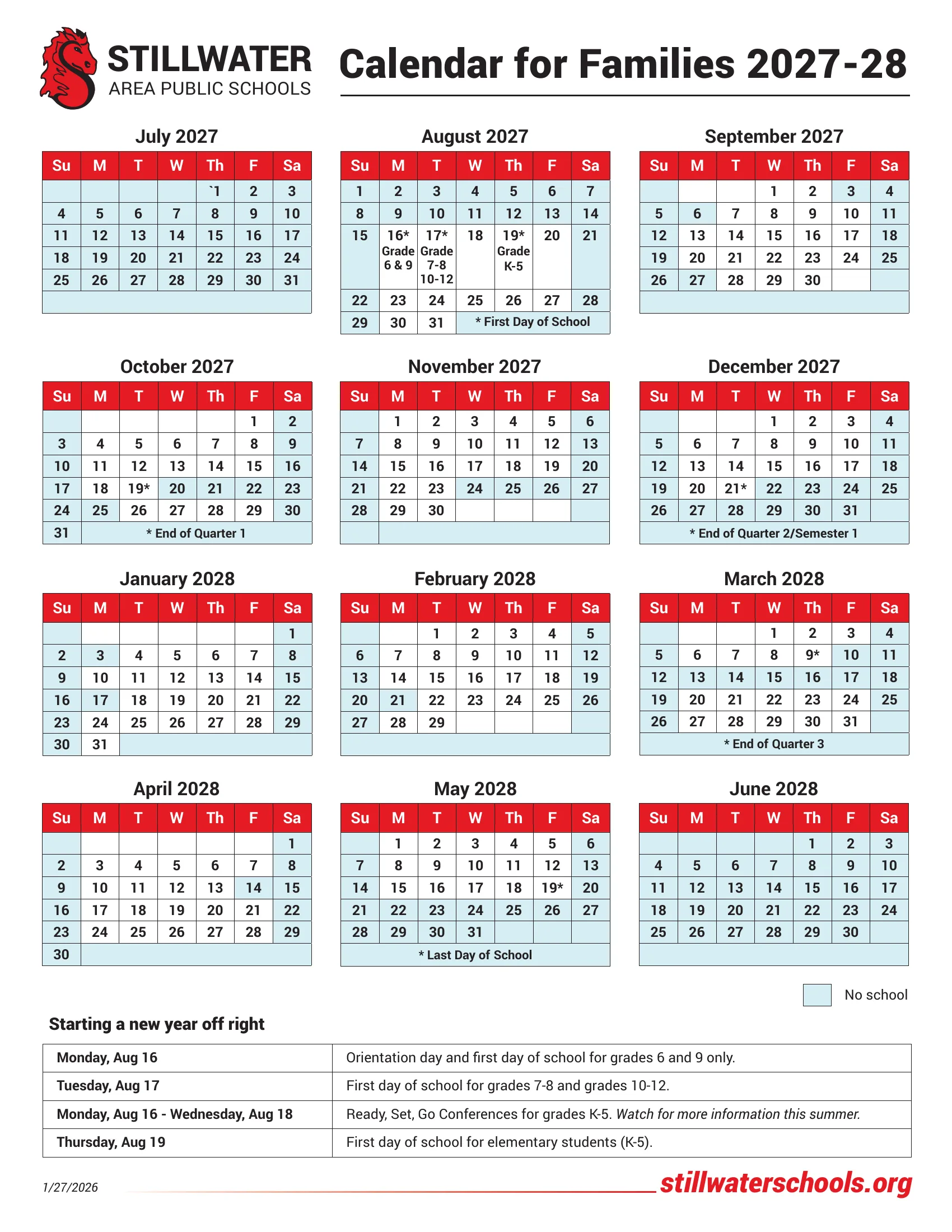The Stillwater Area Public Schools Calendar for Families 2027-28: month grids from July 2027 to June 2028 with no-school days shaded light blue, the first day of school for each grade group, the ends of quarters and the last day starred, and a table of the first days of school.