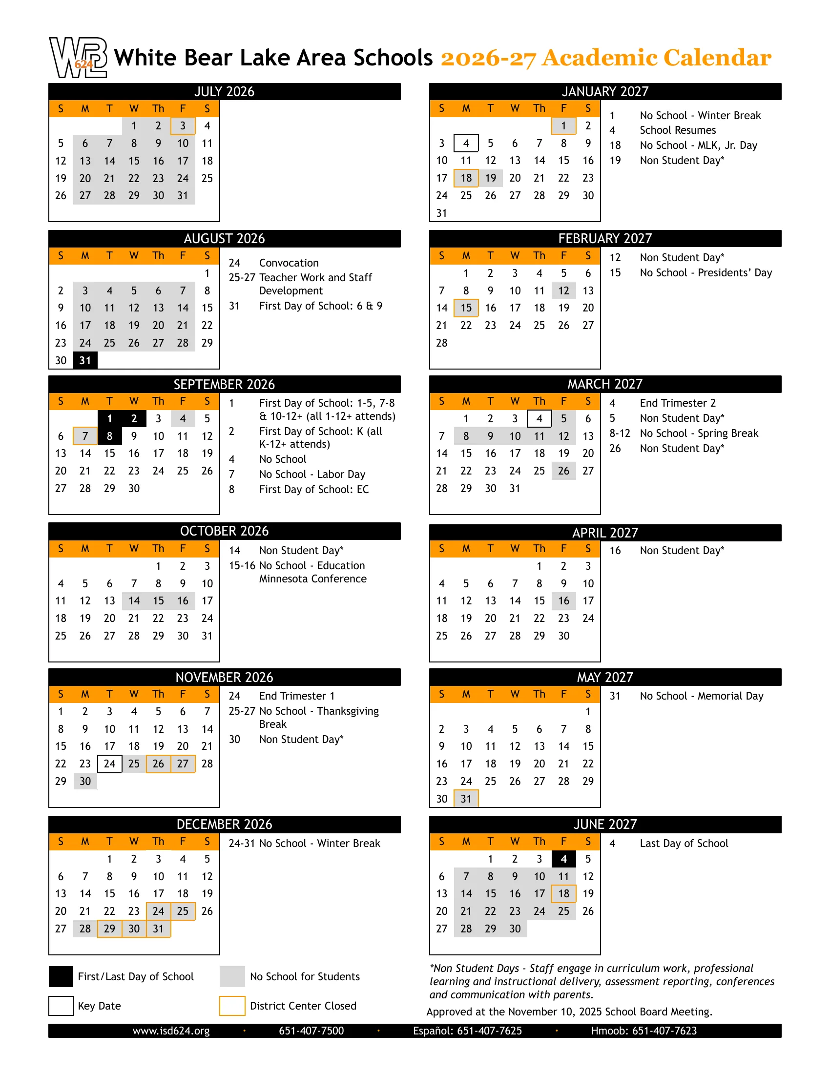 The White Bear Lake Area Schools 2026-27 Academic Calendar: month grids from July 2026 to June 2027 with first and last days in black, days with no school for students in gray, district center closed days outlined in orange, key dates boxed, and each month's dates listed beside its grid.