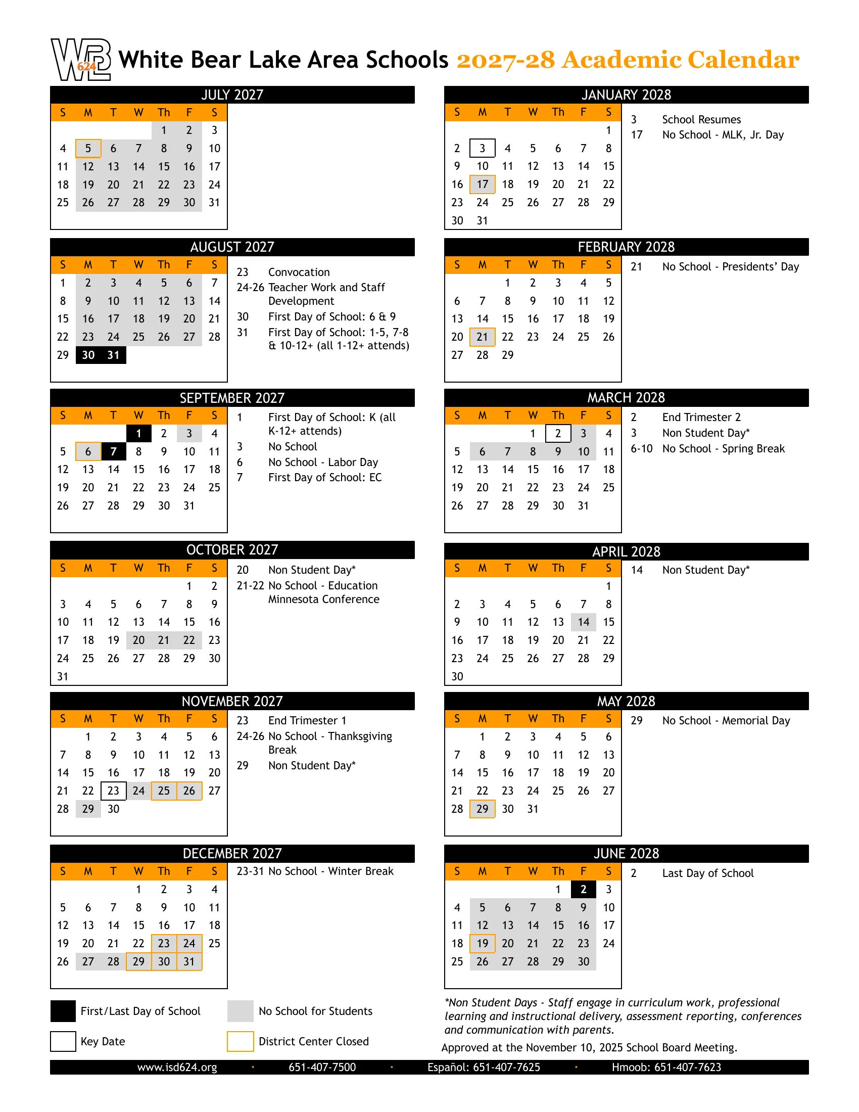 The White Bear Lake Area Schools 2027-28 Academic Calendar: month grids from July 2027 to June 2028 with first and last days in black, days with no school for students in gray, district center closed days outlined in orange, key dates boxed, and each month's dates listed beside its grid.