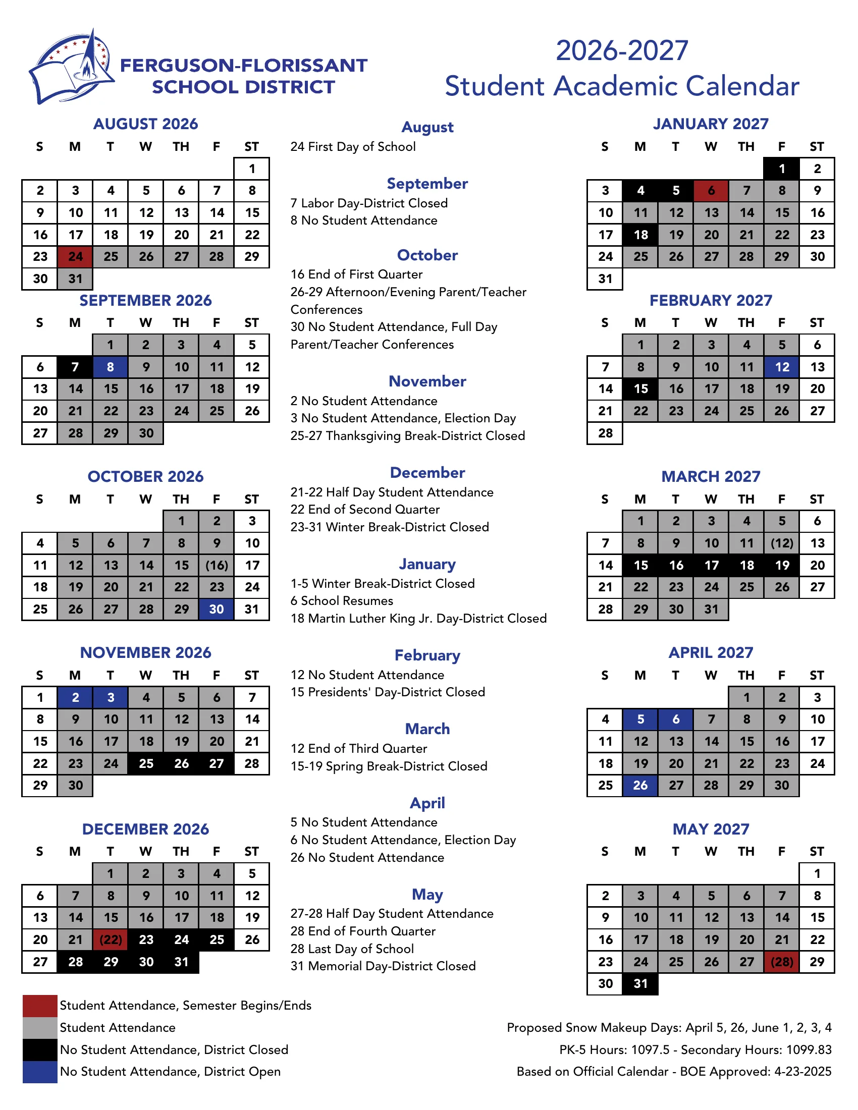 The Ferguson-Florissant School District 2026-2027 student academic calendar: month grids from August 2026 to May 2027 with student attendance days in gray, the first and last days of each semester in red, district closed days in black, no student attendance days in blue, quarter ends in parentheses, and a list of key dates by month.