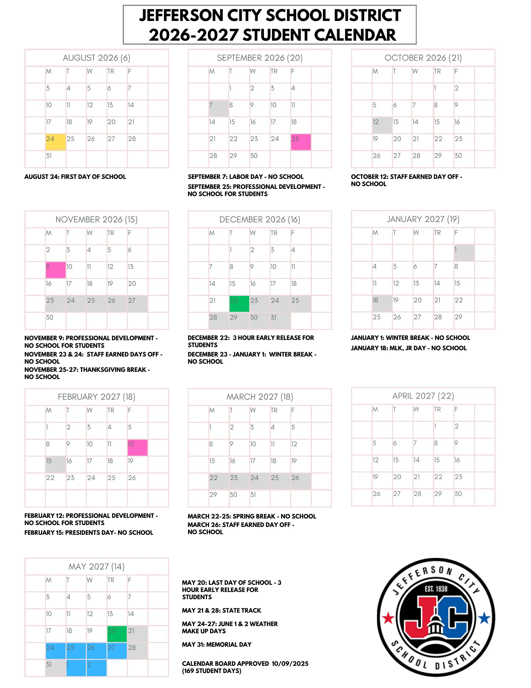 The Jefferson City School District 2026-2027 Student Calendar: weekday grids for August 2026 to May 2027 with each month's student day count, the first day in yellow, days off in gray, professional development days in pink, early release days in green and weather make-up days in blue, with the key dates printed under each month.