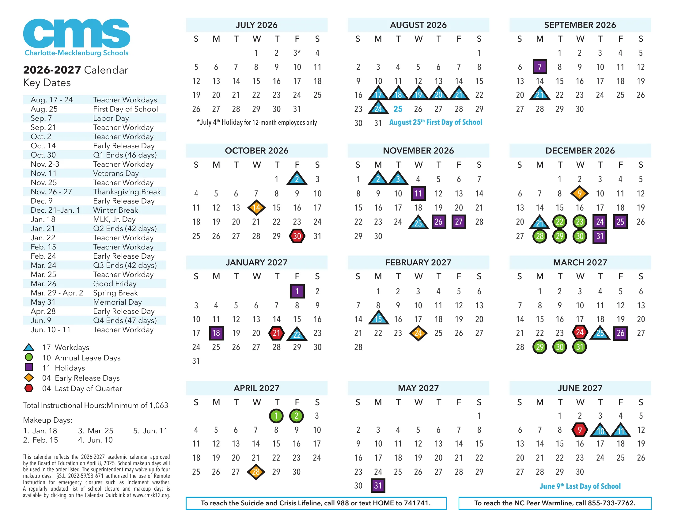 The Charlotte-Mecklenburg Schools 2026-2027 calendar: twelve month grids from July 2026 to June 2027 with teacher workdays as blue triangles, annual leave days as green circles, holidays as purple squares, early release days as orange diamonds and quarter ends as red hexagons, a key dates list and the makeup days.
