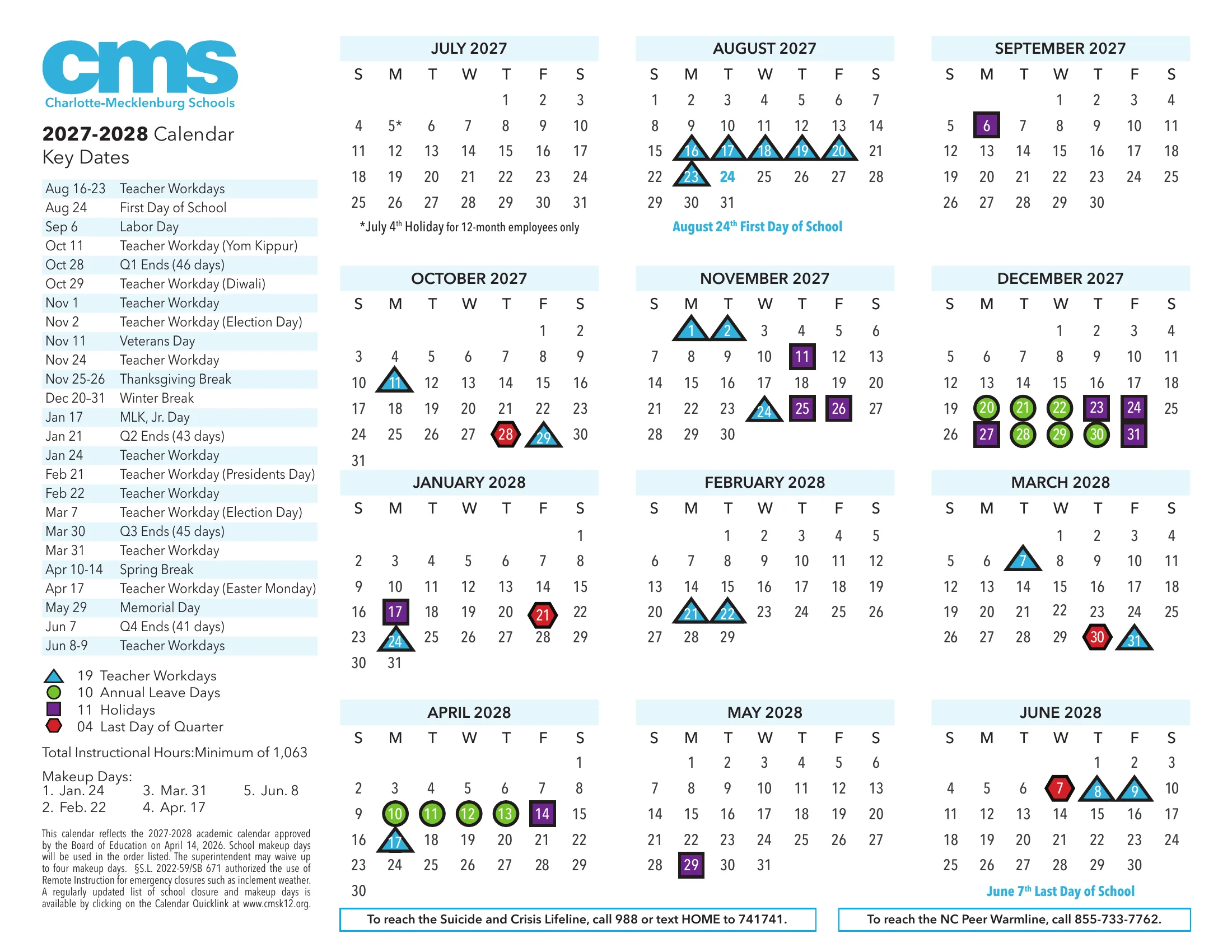 The Charlotte-Mecklenburg Schools 2027-2028 calendar: twelve month grids from July 2027 to June 2028 with teacher workdays as blue triangles, annual leave days as green circles, holidays as purple squares and quarter ends as red hexagons, a key dates list and the makeup days.