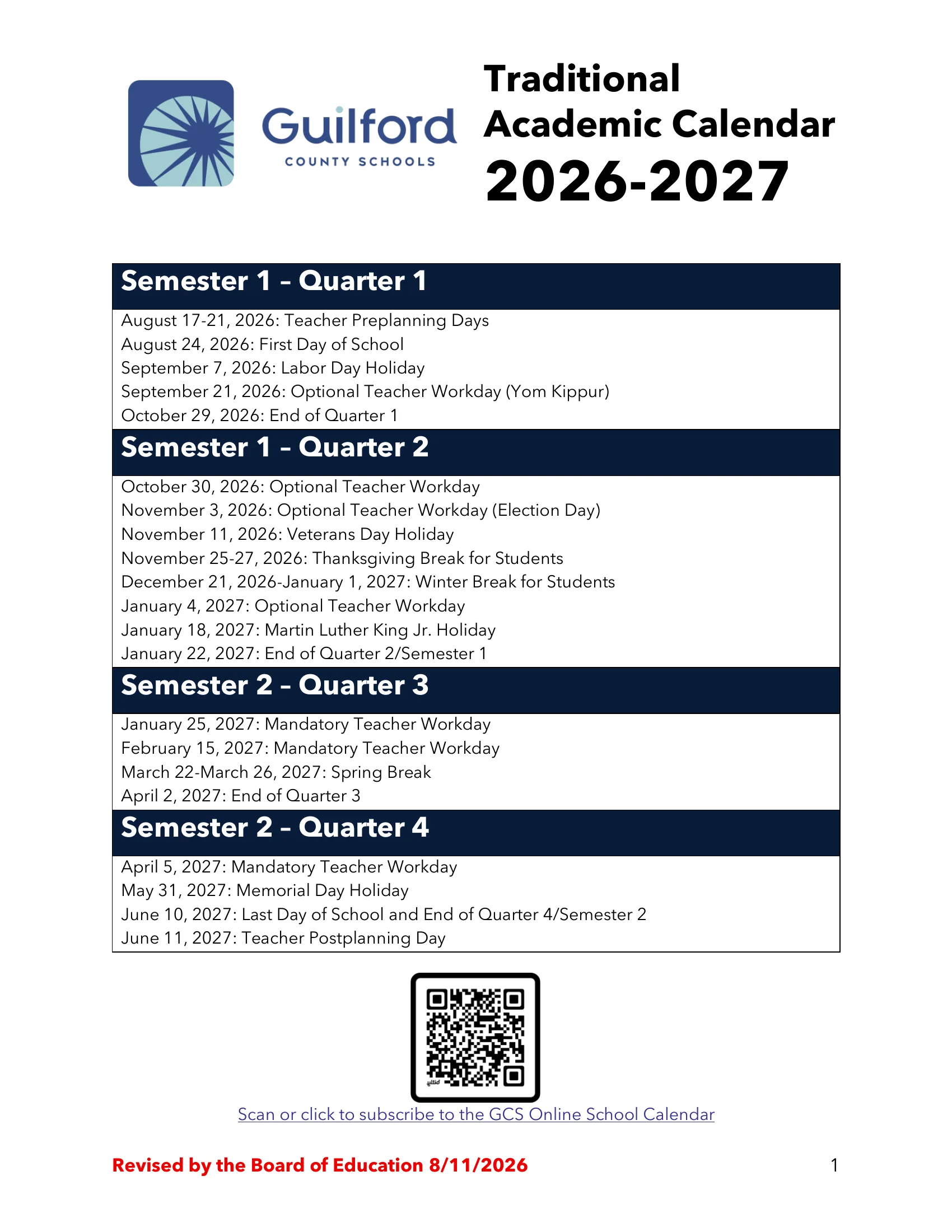 The Guilford County Schools Traditional Academic Calendar 2026-2027: month grids from August 2026 to June 2027 with schools-closed days in pink circles, mandatory teacher workdays in orange diamonds, optional teacher workdays in pink boxes and milestone days in green rings, a month-by-month date list on the right, and a page listing every date by quarter. Page 2 of 2.