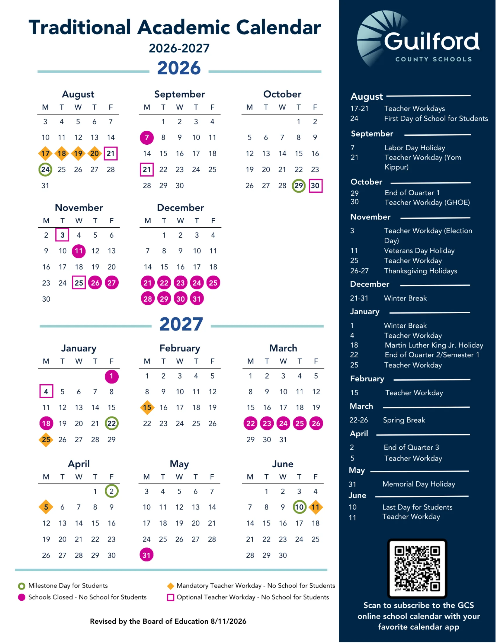The Guilford County Schools Traditional Academic Calendar 2026-2027: month grids from August 2026 to June 2027 with schools-closed days in pink circles, mandatory teacher workdays in orange diamonds, optional teacher workdays in pink boxes and milestone days in green rings, a month-by-month date list on the right, and a page listing every date by quarter.