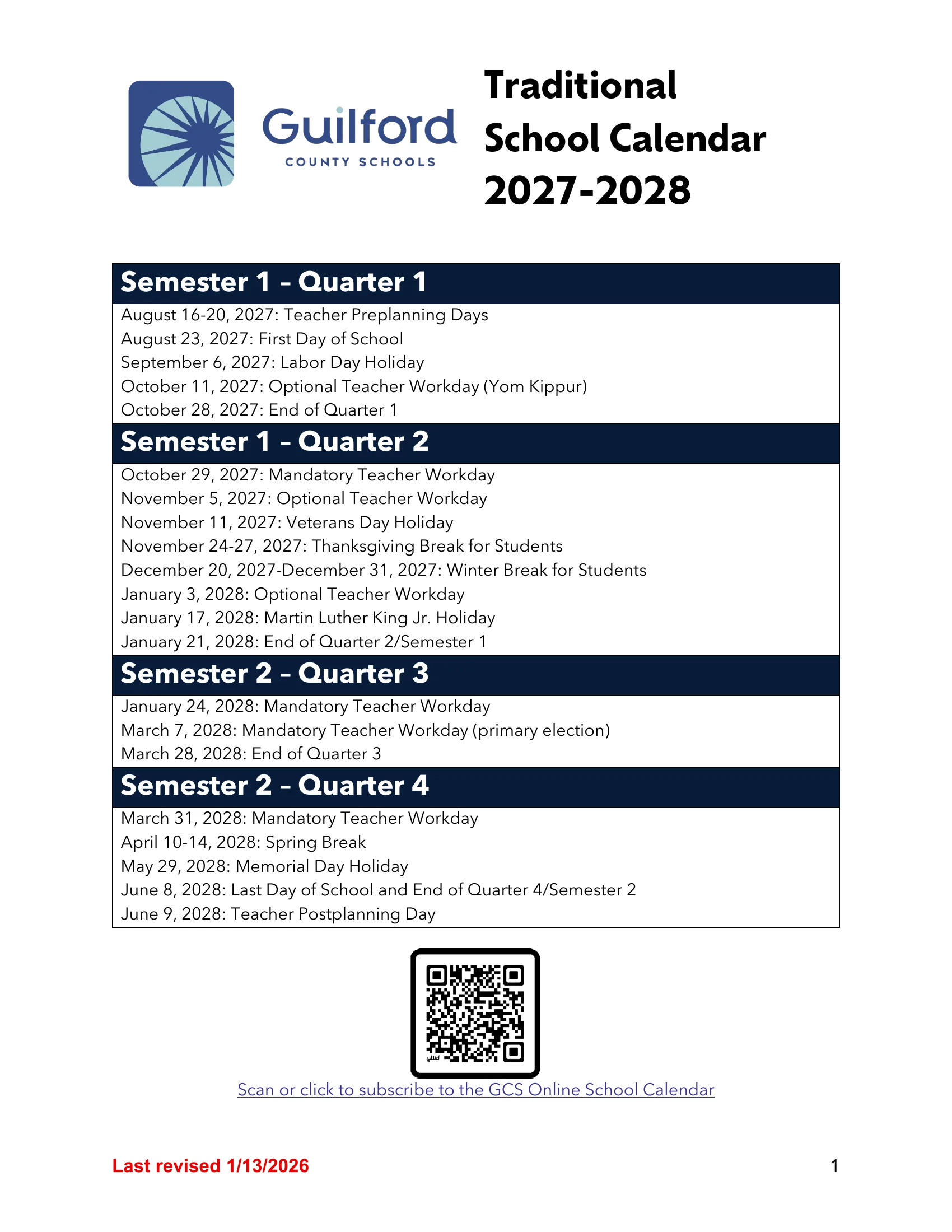 The Guilford County Schools Traditional School Calendar 2027-2028: a one-page list of every date by semester and quarter, from teacher preplanning days in August 2027 to the teacher postplanning day in June 2028.