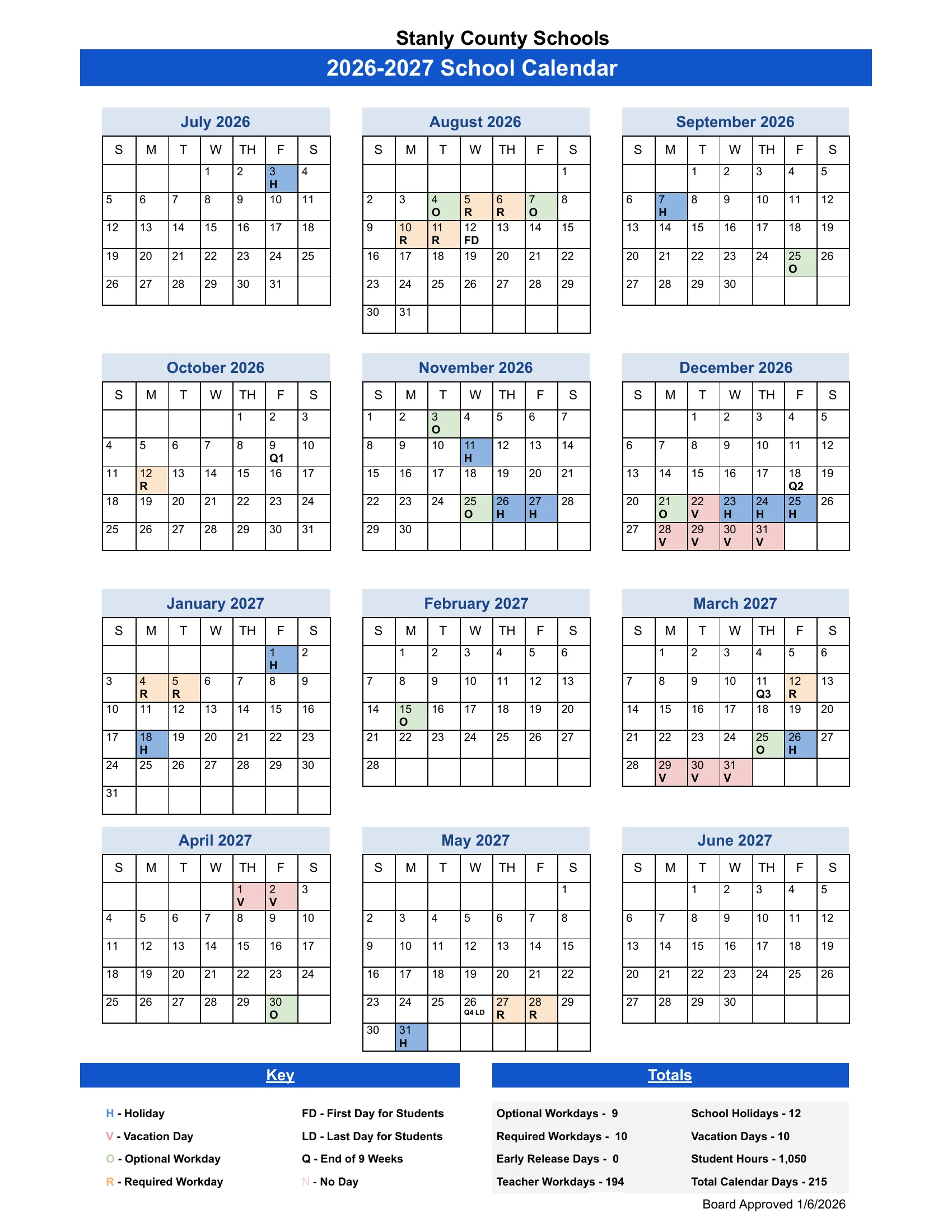 The Stanly County Schools 2026-2027 School Calendar: month grids from July 2026 to June 2027 with holidays (H) in blue, vacation days (V) in pink, optional workdays (O) in green and required workdays (R) in orange, the first and last day and the end of each nine weeks marked, and a key and totals box.