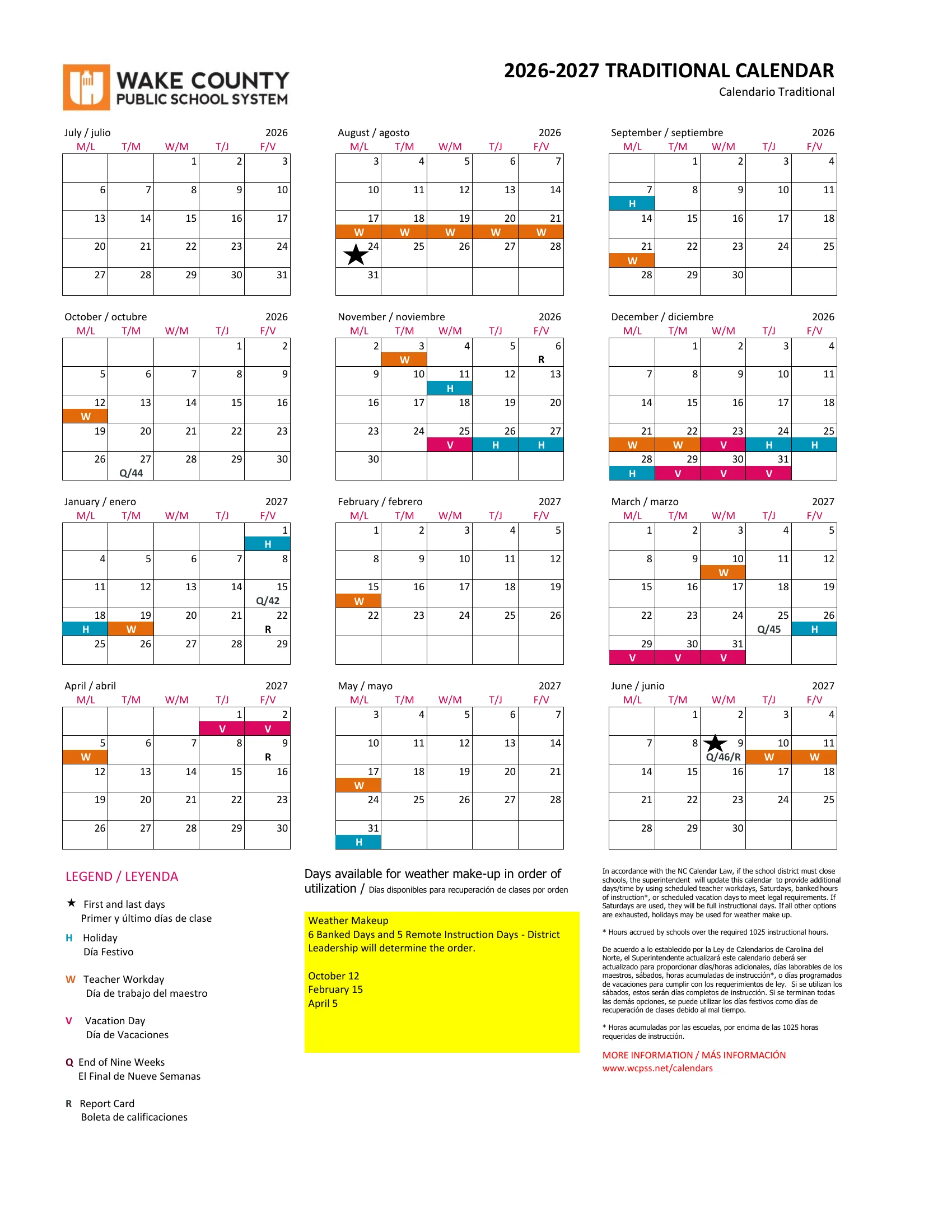 The Wake County Public School System 2026-2027 Traditional Calendar: twelve month grids from July 2026 to June 2027 with holidays in blue, teacher workdays in orange and vacation days in pink, stars on the first and last days, end of nine weeks and report card marks, a legend and the weather make-up days in a yellow box.