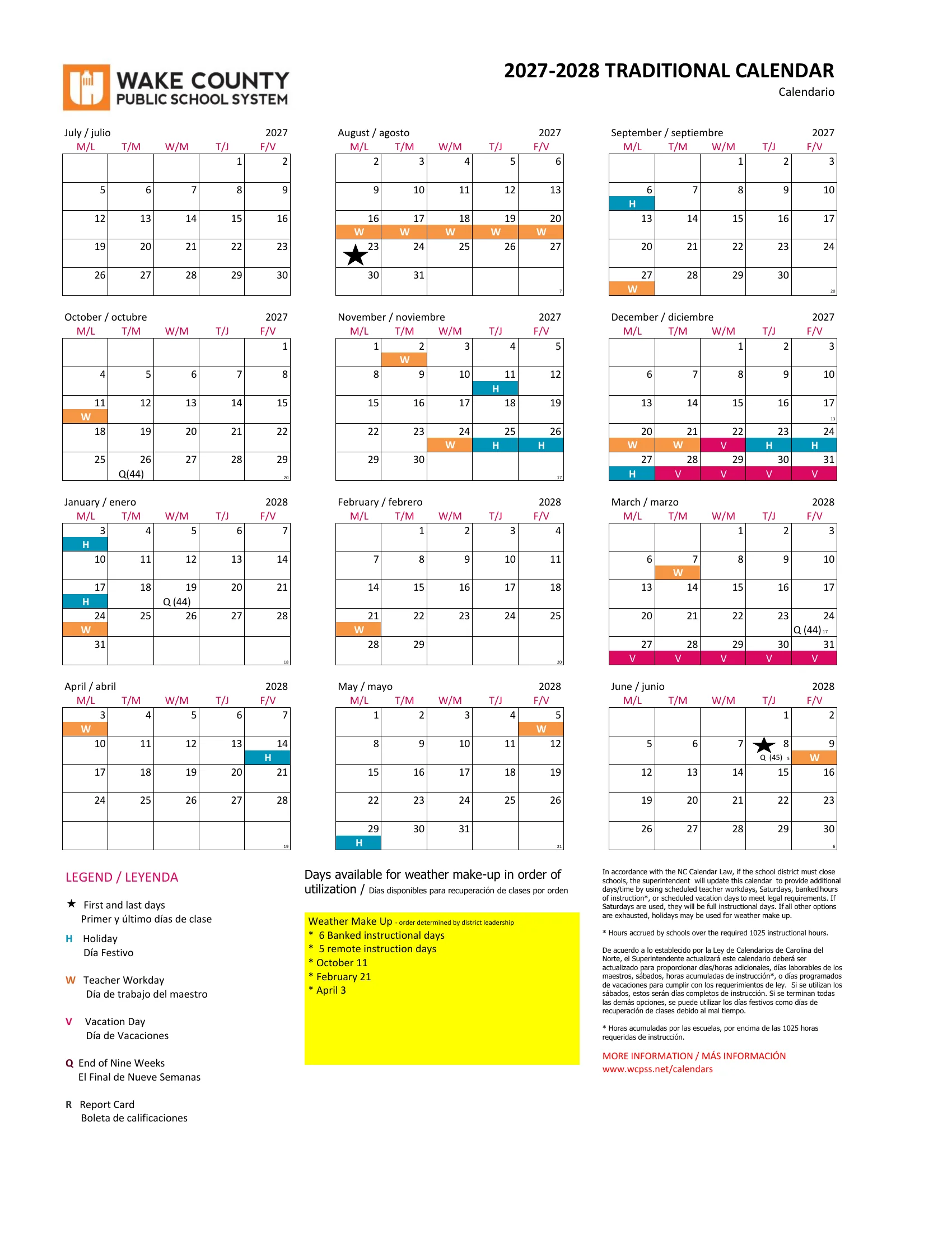 The Wake County Public School System 2027-2028 Traditional Calendar: twelve month grids from July 2027 to June 2028 with holidays in blue, teacher workdays in orange and vacation days in pink, stars on the first and last days, end of nine weeks marks, a legend and the weather make-up days in a yellow box.
