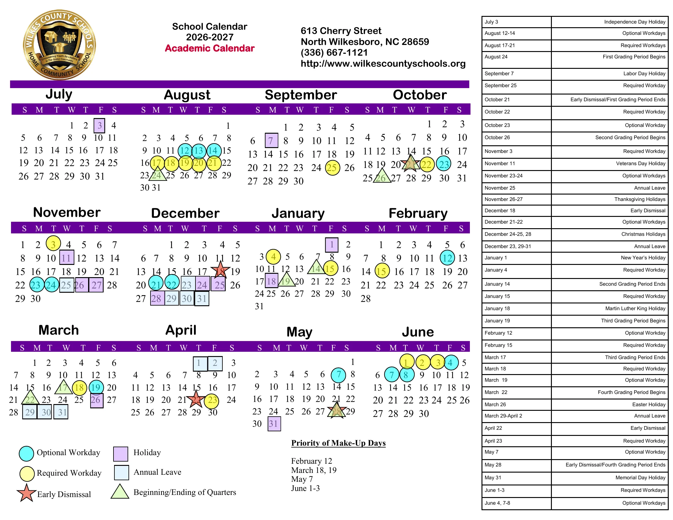The Wilkes County Schools 2026-27 academic calendar: twelve month grids from July 2026 to June 2027 with holidays in purple boxes, annual leave in light blue boxes, required workdays circled yellow, optional workdays circled blue, early dismissals starred, quarter starts and ends marked with triangles, a list of every date and the priority of make-up days.