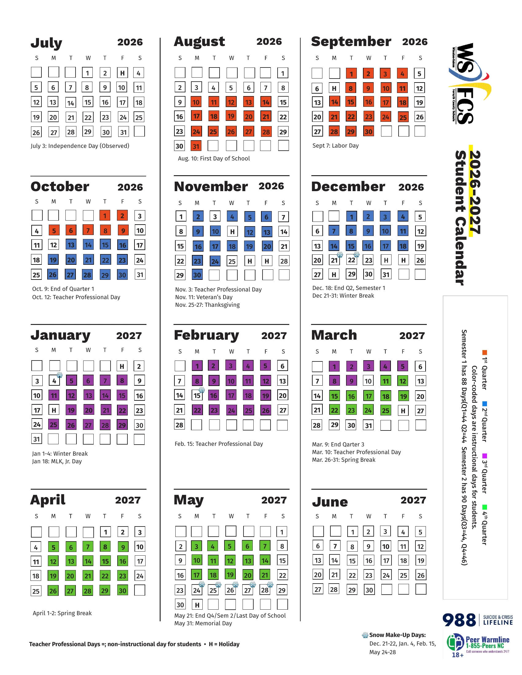 The Winston-Salem/Forsyth County Schools 2026-2027 Student Calendar: twelve month grids from July 2026 to June 2027 with school days color-coded by quarter (orange, blue, purple, green), holidays marked H, days with no school left white, snowflakes on the snow makeup days and a note under each month.