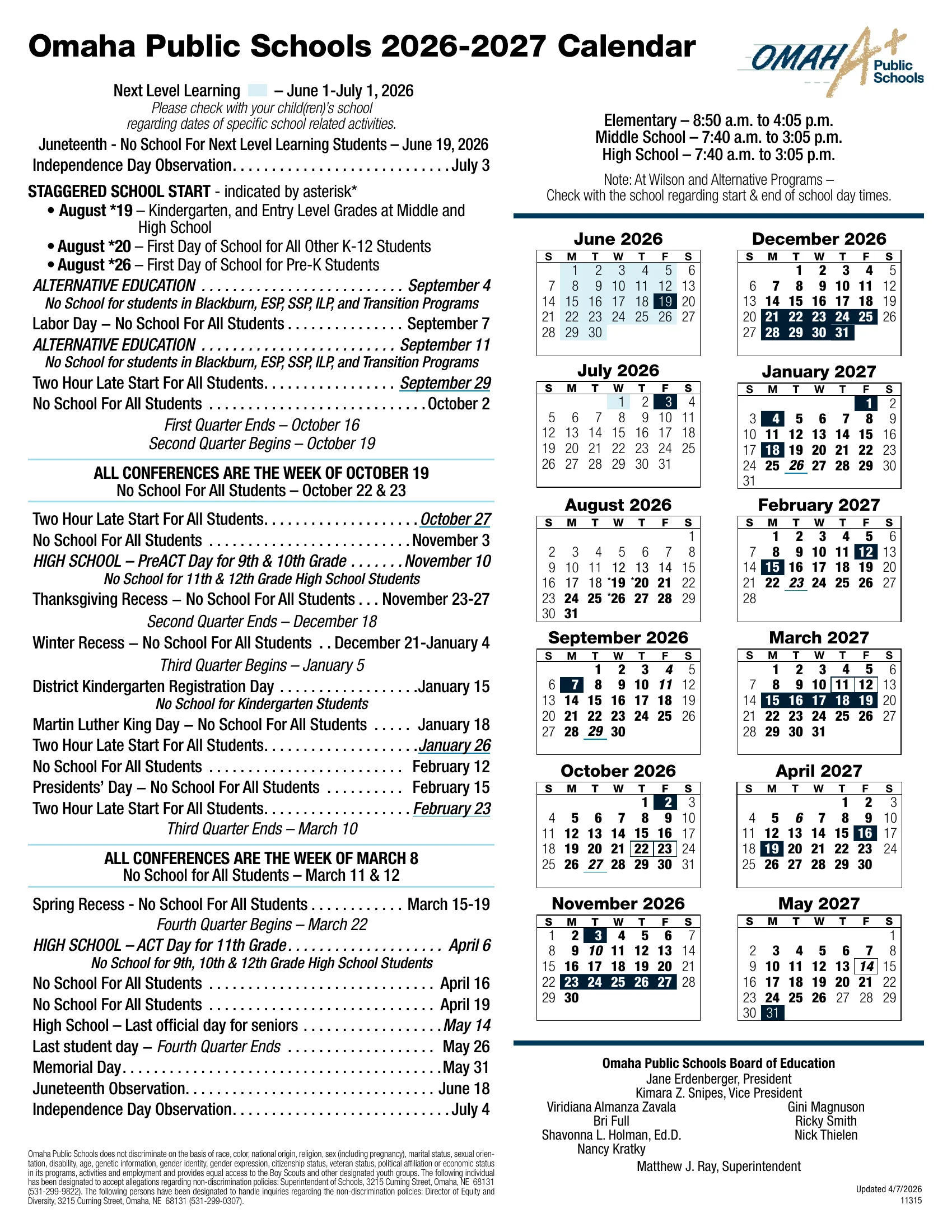 The Omaha Public Schools 2026-2027 Calendar: a dated list of no school days, late starts, quarter dates and conference weeks on the left, school hours, and small month grids from June 2026 to May 2027 with school days in bold, days off in navy, late starts underlined and staggered start days starred.