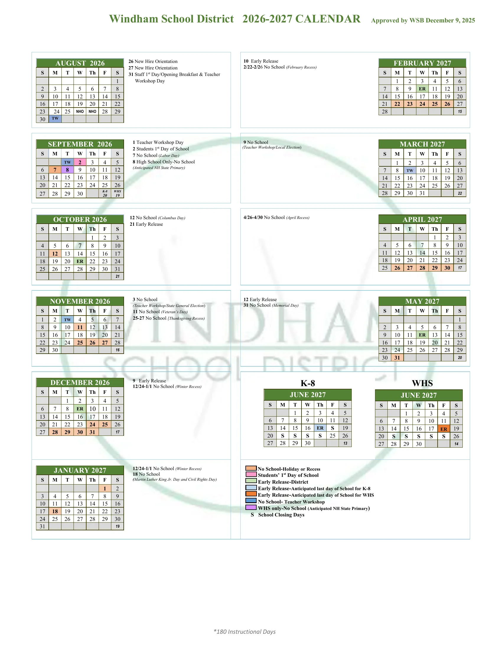 The Windham School District 2026-2027 calendar: month grids from August 2026 to May 2027 with each month's school-day count, holidays and recesses in peach, the first day in pink, district early releases in green marked ER, teacher workshop days in blue marked TW, the high-school-only primary day in purple, and separate June 2027 grids for K-8 and Windham High School with their last days and school closing days marked S, each month's dates listed beside its grid.