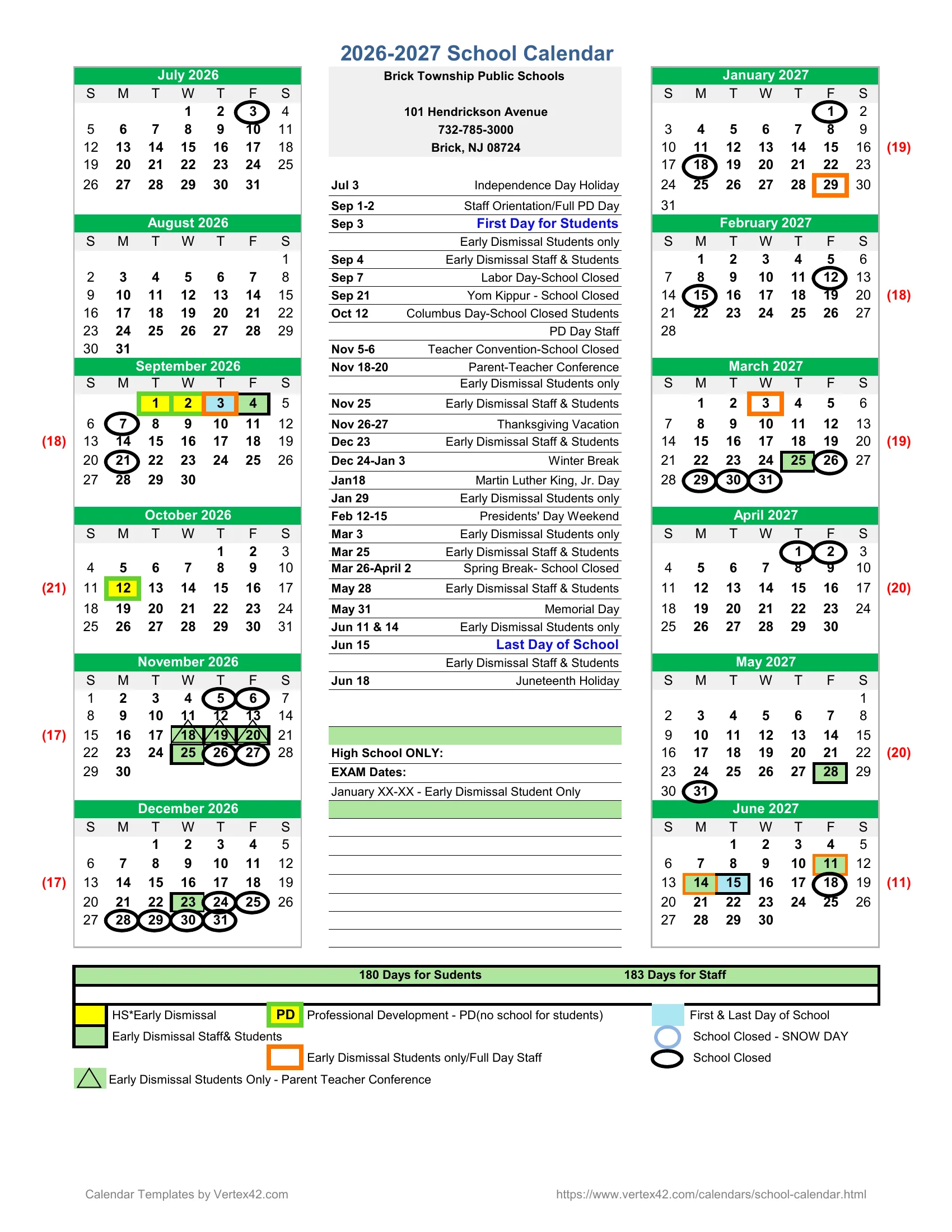 The Brick Township Public Schools 2026-27 school calendar: month grids from July 2026 to June 2027 with school-closed days circled, early dismissals boxed in green or orange, PD days in yellow, monthly student day counts and a list of dates.