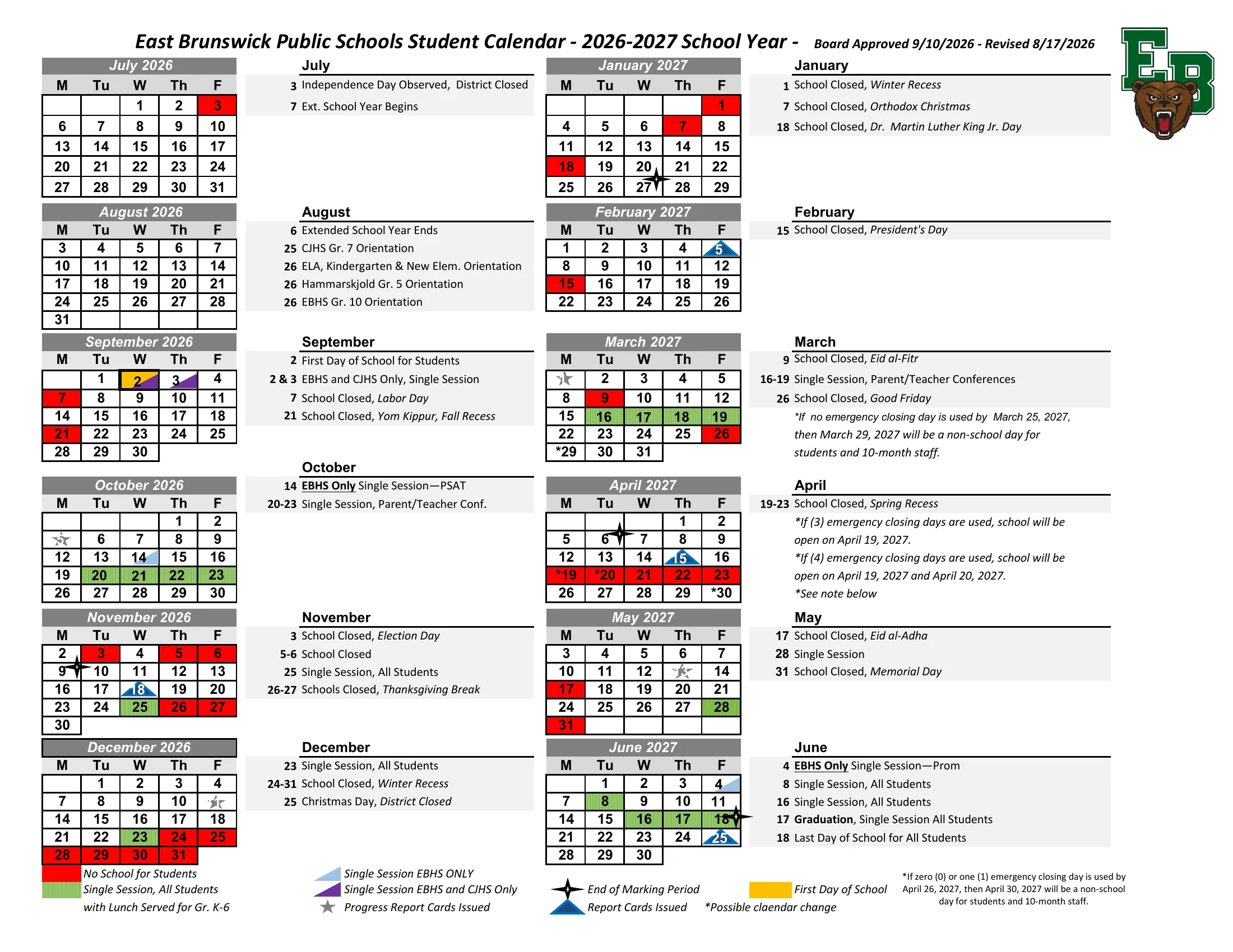The East Brunswick Public Schools 2026-2027 Student Calendar: weekday month grids from July 2026 to June 2027 with a list of dates beside each month; days with no school for students in red, single sessions for all students striped green, single sessions for the high school and junior high marked with blue and purple corners, the first day in gold, and stars for marking period ends and report cards.