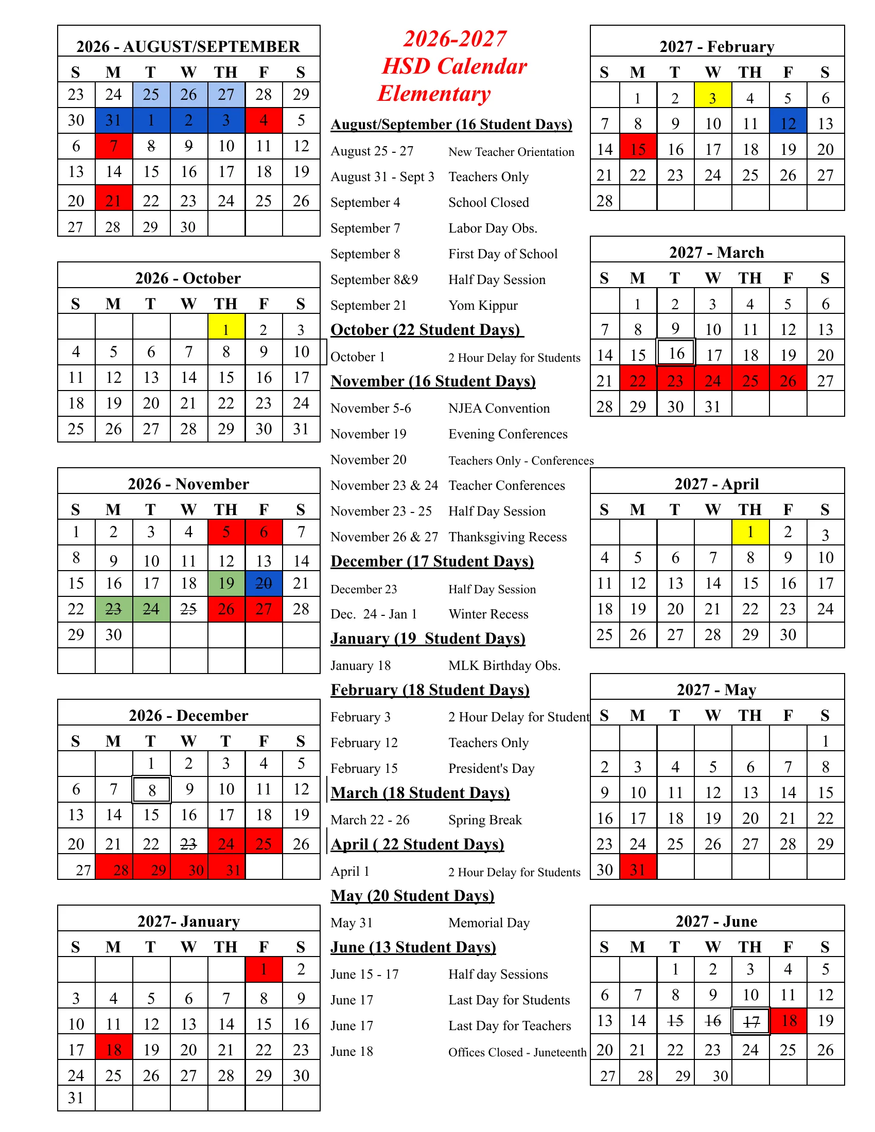 The Haddonfield School District 2026-2027 Elementary calendar: month grids from August/September 2026 to June 2027 with schools closed in red, teachers-only days in dark blue, new teacher orientation in light blue, 2-hour delays in yellow, parent-teacher conferences in green, half days struck through and report period ends boxed, beside a dated list with monthly student-day counts. Page 2 is the legend, the trimester end dates and the order of emergency make-up days.