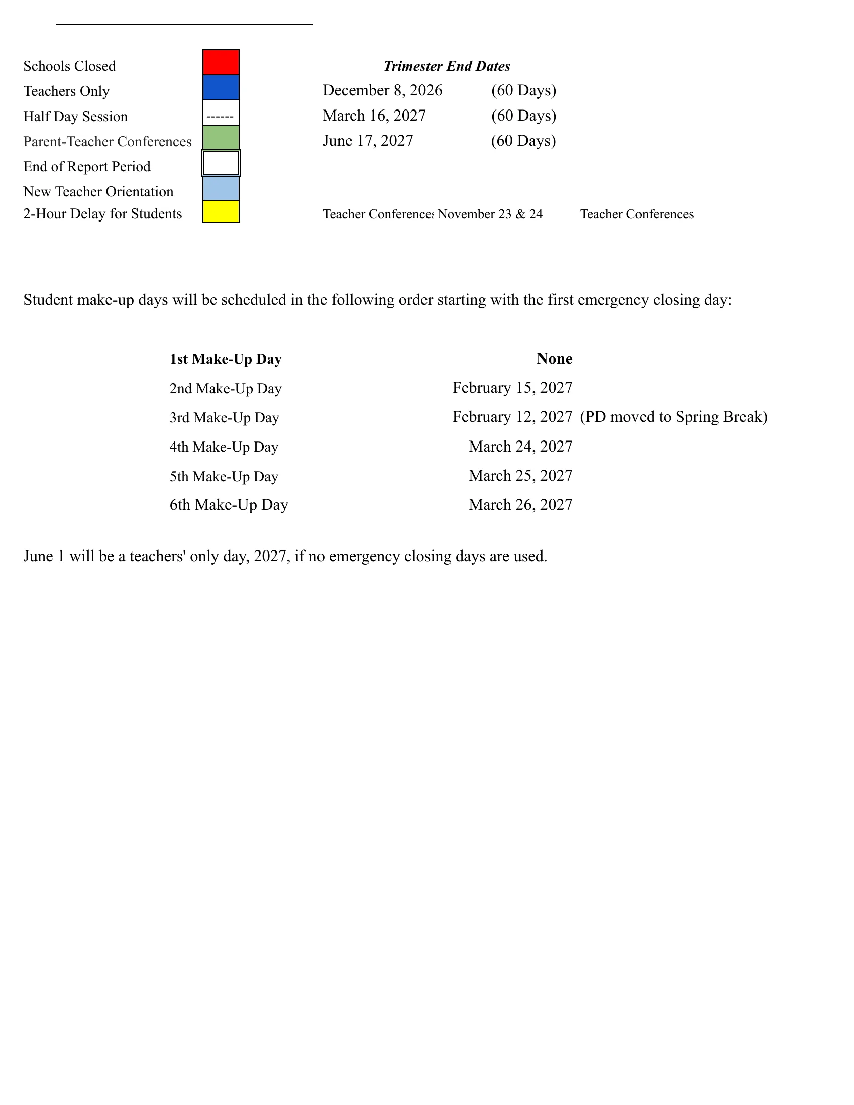 The Haddonfield School District 2026-2027 Elementary calendar: month grids from August/September 2026 to June 2027 with schools closed in red, teachers-only days in dark blue, new teacher orientation in light blue, 2-hour delays in yellow, parent-teacher conferences in green, half days struck through and report period ends boxed, beside a dated list with monthly student-day counts. Page 2 is the legend, the trimester end dates and the order of emergency make-up days. Page 2 of 2.