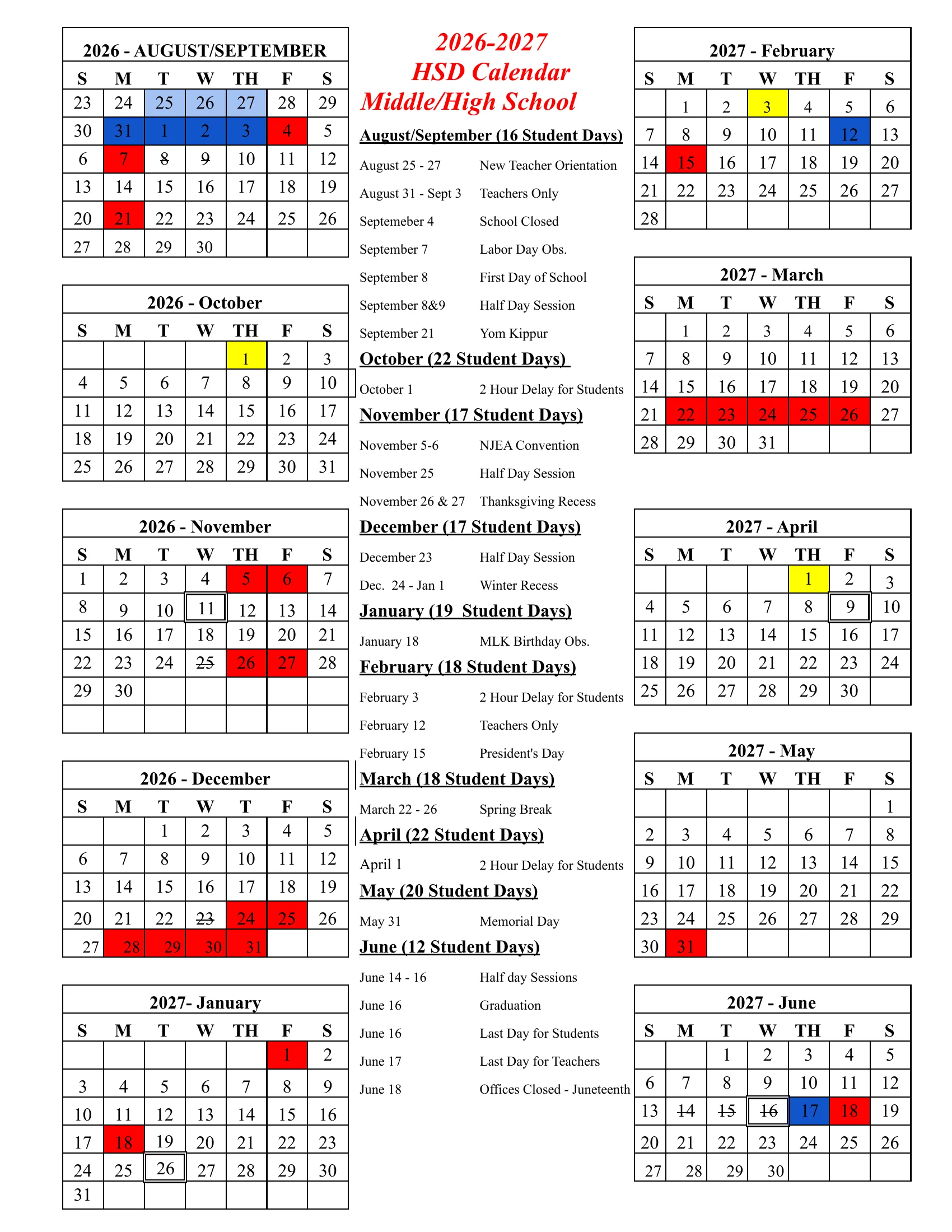 The Haddonfield School District 2026-2027 Middle/High School calendar: month grids from August/September 2026 to June 2027 with schools closed in red, teachers-only days in dark blue, new teacher orientation in light blue, 2-hour delays in yellow, half days struck through and report period ends boxed, beside a dated list with monthly student-day counts. Page 2 is the legend, the marking period end dates and the order of emergency make-up days.