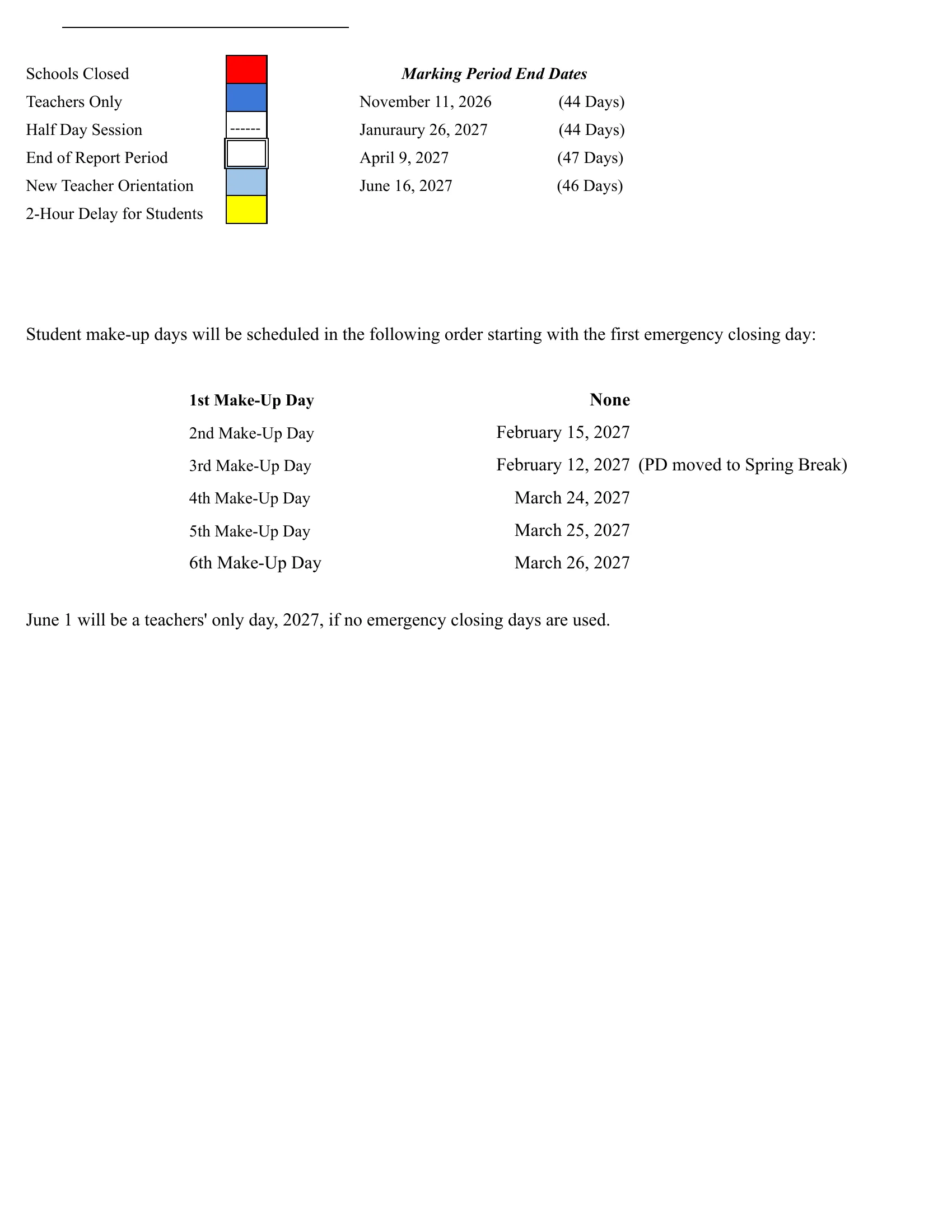 The Haddonfield School District 2026-2027 Middle/High School calendar: month grids from August/September 2026 to June 2027 with schools closed in red, teachers-only days in dark blue, new teacher orientation in light blue, 2-hour delays in yellow, half days struck through and report period ends boxed, beside a dated list with monthly student-day counts. Page 2 is the legend, the marking period end dates and the order of emergency make-up days. Page 2 of 2.