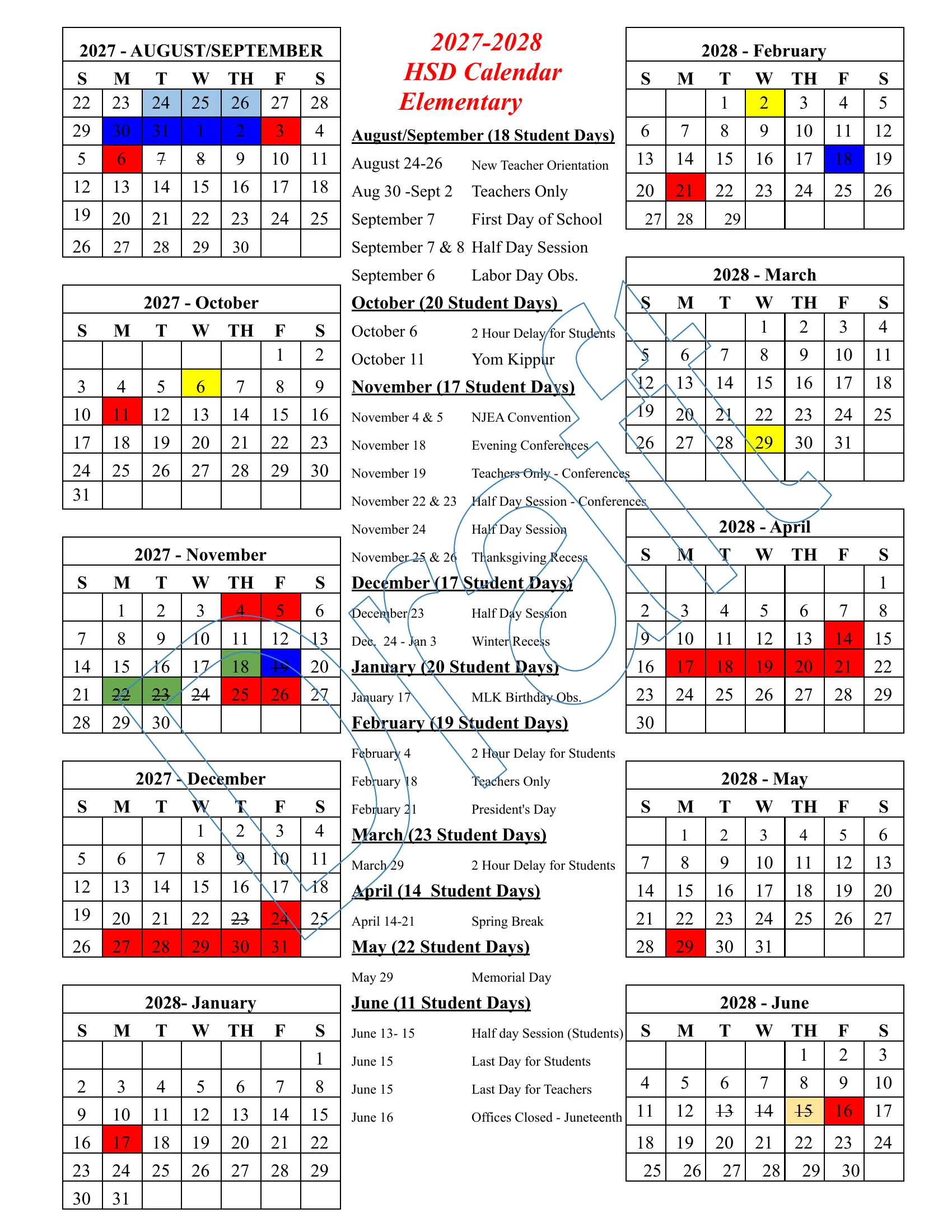 The Haddonfield School District 2027-2028 Elementary calendar: month grids from August/September 2027 to June 2028 with schools closed in red, teachers-only days in dark blue, new teacher orientation in light blue, 2-hour delays in yellow, parent-teacher conferences in green, half days struck through, beside a dated list with monthly student-day counts. Page 2 is the legend, the order of emergency make-up days and the May 30 note.