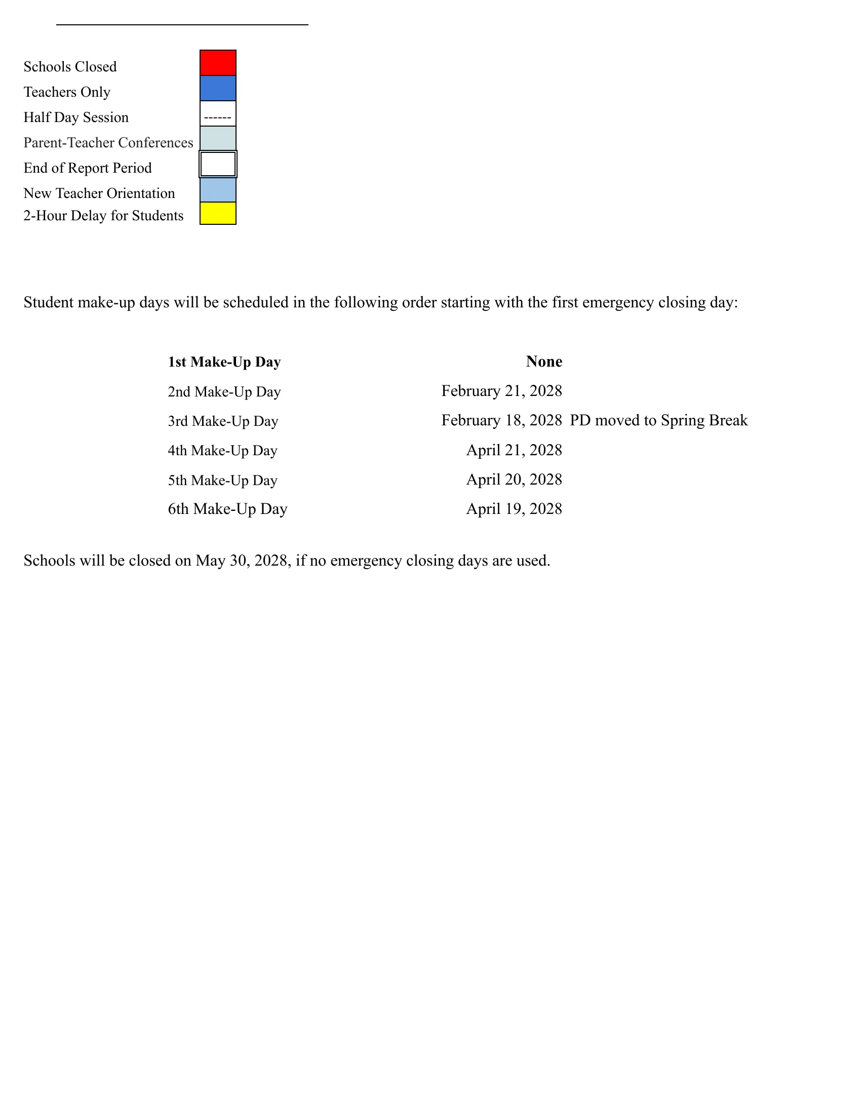 The Haddonfield School District 2027-2028 Elementary calendar: month grids from August/September 2027 to June 2028 with schools closed in red, teachers-only days in dark blue, new teacher orientation in light blue, 2-hour delays in yellow, parent-teacher conferences in green, half days struck through, beside a dated list with monthly student-day counts. Page 2 is the legend, the order of emergency make-up days and the May 30 note. Page 2 of 2.