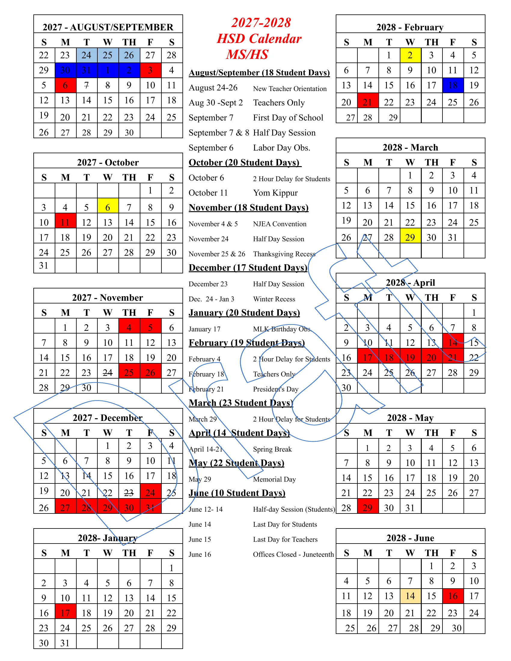 The Haddonfield School District 2027-2028 Middle/High School calendar: month grids from August/September 2027 to June 2028 with schools closed in red, teachers-only days in dark blue, new teacher orientation in light blue, 2-hour delays in yellow, half days struck through, beside a dated list with monthly student-day counts. Page 2 is the legend, the order of emergency make-up days and the May 30 note.