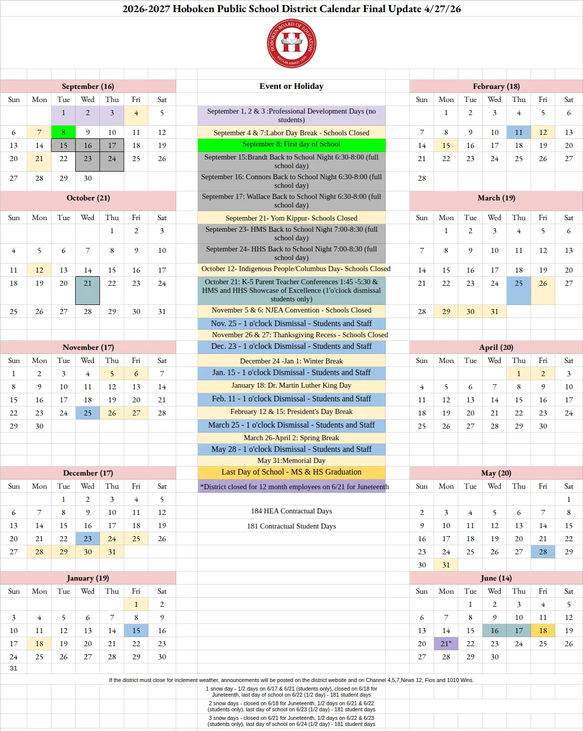 Our screenshot of the 2026-2027 Hoboken Public School District Calendar (Final Update 4/27/26): month grids from September 2026 to June 2027 with student day counts, closed days in light yellow, 1 o'clock dismissals in blue, students-only 1 o'clock dismissals in teal, professional development days in lavender, the first day in green and the last day in gold, a color-coded list of events and holidays, and the snow day plan for June.
