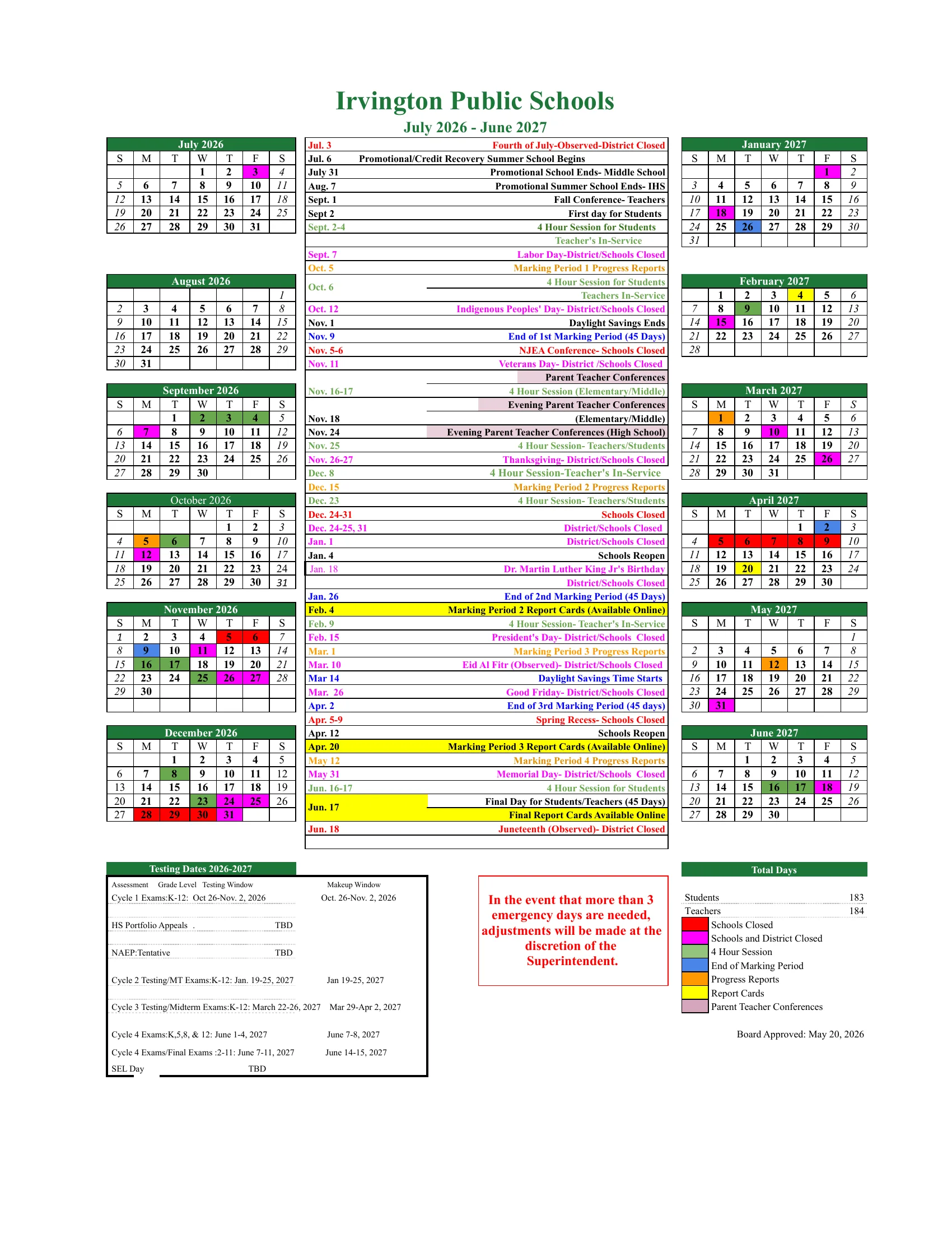 Our image of the Irvington Public Schools 2026-27 district calendar spreadsheet: month grids from July 2026 to June 2027 color coded for closings, 4-hour sessions, marking period ends, progress reports, report cards and conferences, a list of dates, testing windows and the total of 183 student days.
