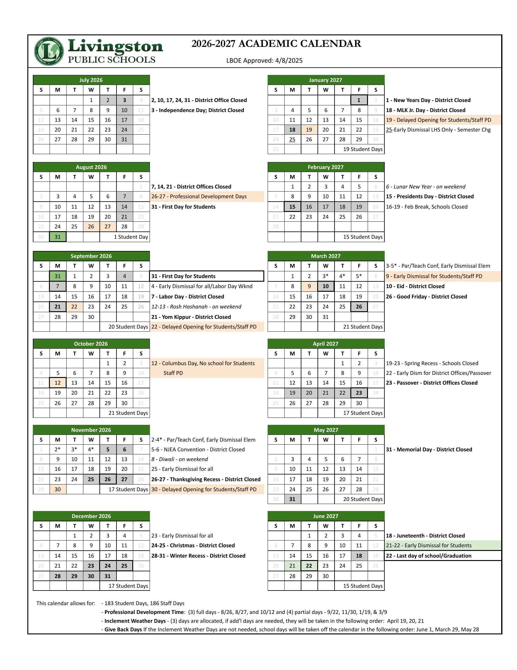 The Livingston Public Schools 2026-2027 Academic Calendar, LBOE approved 4/8/2025: month grids from July 2026 to June 2027 with closed days in gray, staff development days and delayed openings in peach, the first and last day in green, conference days starred, notes beside each month, monthly student day counts and the inclement weather and give back day rules.
