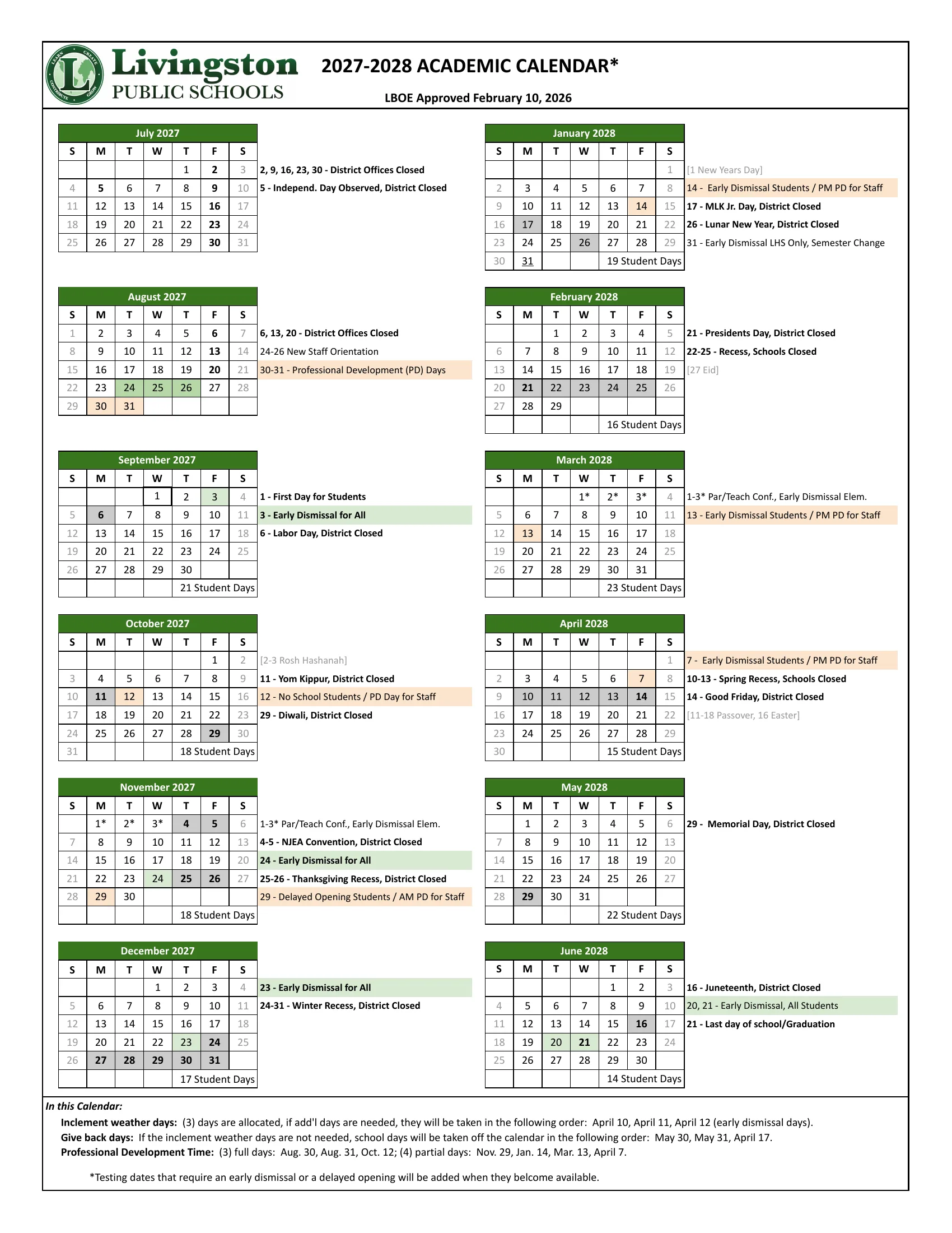 The Livingston Public Schools 2027-2028 Academic Calendar, LBOE approved February 10, 2026: month grids from July 2027 to June 2028 with closed days in gray, staff development days and delayed openings in peach, early dismissals and new staff orientation in green, conference days starred, notes beside each month, monthly student day counts and the inclement weather, give back day and professional development rules.