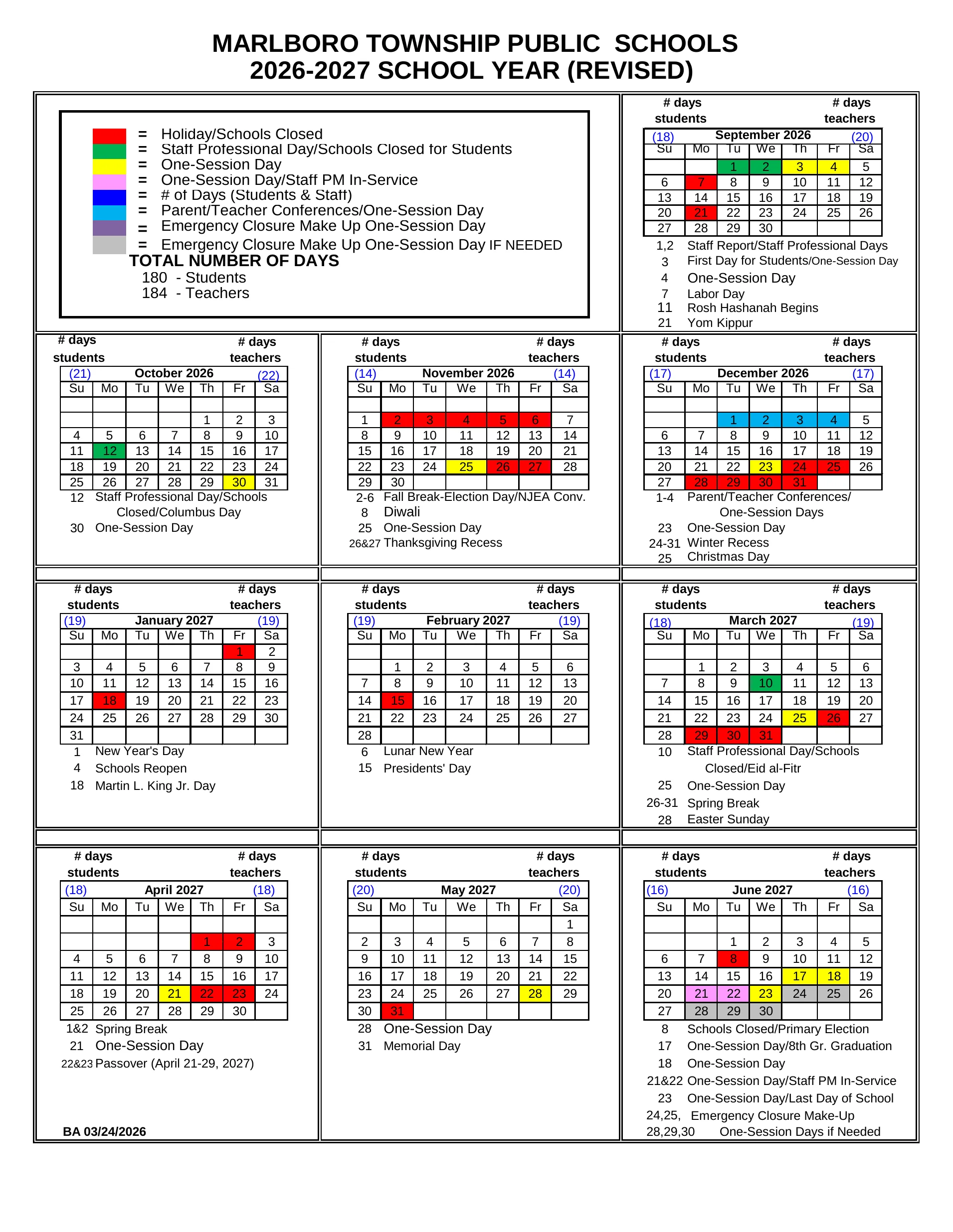 The Marlboro Township Public Schools 2026-2027 calendar: month grids from September 2026 to June 2027 with student and teacher day counts, holidays in red, staff professional days in green, one-session days in yellow, conference one-session days in light blue, one-session days with staff afternoon in-service in pink and emergency makeup days in gray, with each month's dates listed below its grid; page 2 lists the professional and one-session days, the emergency makeup order, monthly day counts, back-to-school night one-session days by school and the parent conference schedule.