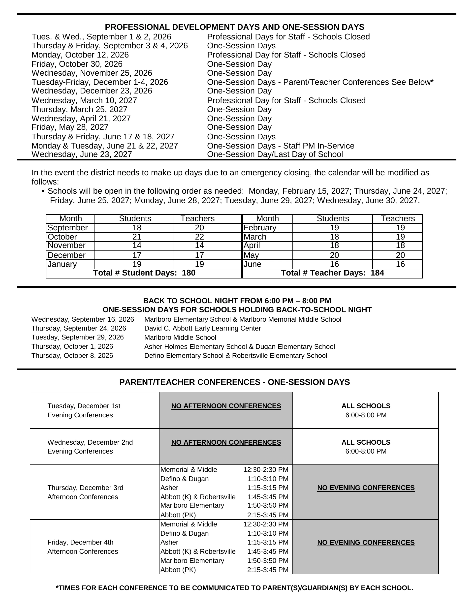 The Marlboro Township Public Schools 2026-2027 calendar: month grids from September 2026 to June 2027 with student and teacher day counts, holidays in red, staff professional days in green, one-session days in yellow, conference one-session days in light blue, one-session days with staff afternoon in-service in pink and emergency makeup days in gray, with each month's dates listed below its grid; page 2 lists the professional and one-session days, the emergency makeup order, monthly day counts, back-to-school night one-session days by school and the parent conference schedule. Page 2 of 2.