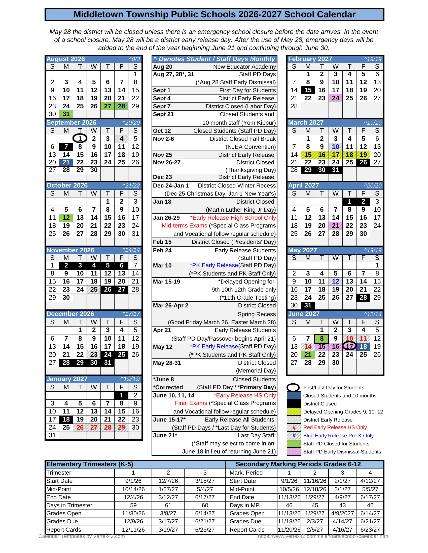 The Middletown Township Public Schools 2026-2027 School Calendar: month grids from August 2026 to June 2027 with student and staff day counts, a list of key dates, a key (district closed in black, closed for students and 10-month staff in dark blue, staff PD days in green, early releases hatched, high school and pre-K early releases in red and blue, delayed openings in yellow), and tables of elementary trimesters and secondary marking periods.