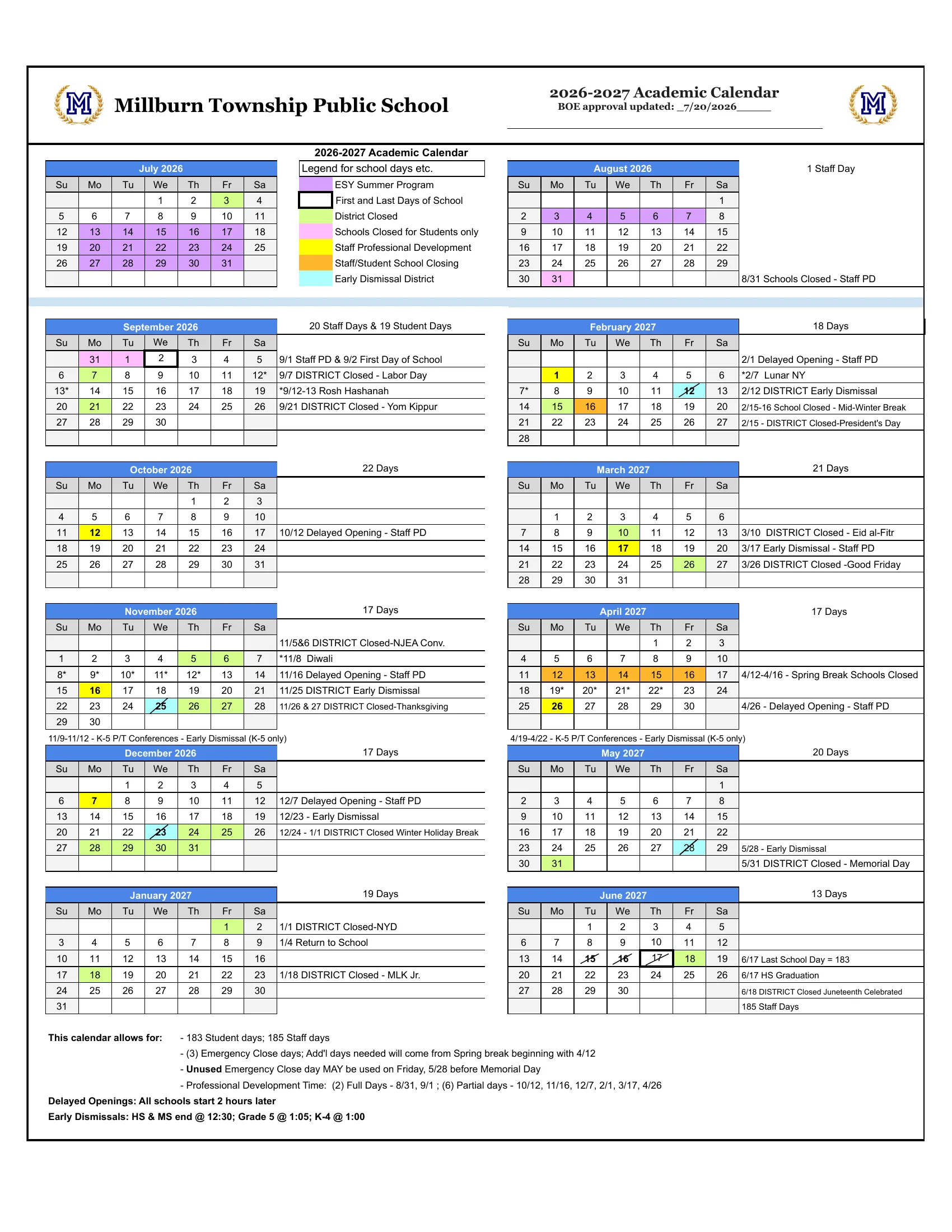 The Millburn Township Public Schools 2026-2027 Academic Calendar: month grids from July 2026 to June 2027 with district closings in green, school closings in orange, student-only closings in pink, staff development days in yellow and early dismissals in light blue, a note for each month's dates and day count, and a box on emergency closing days, delayed openings and early dismissal times.