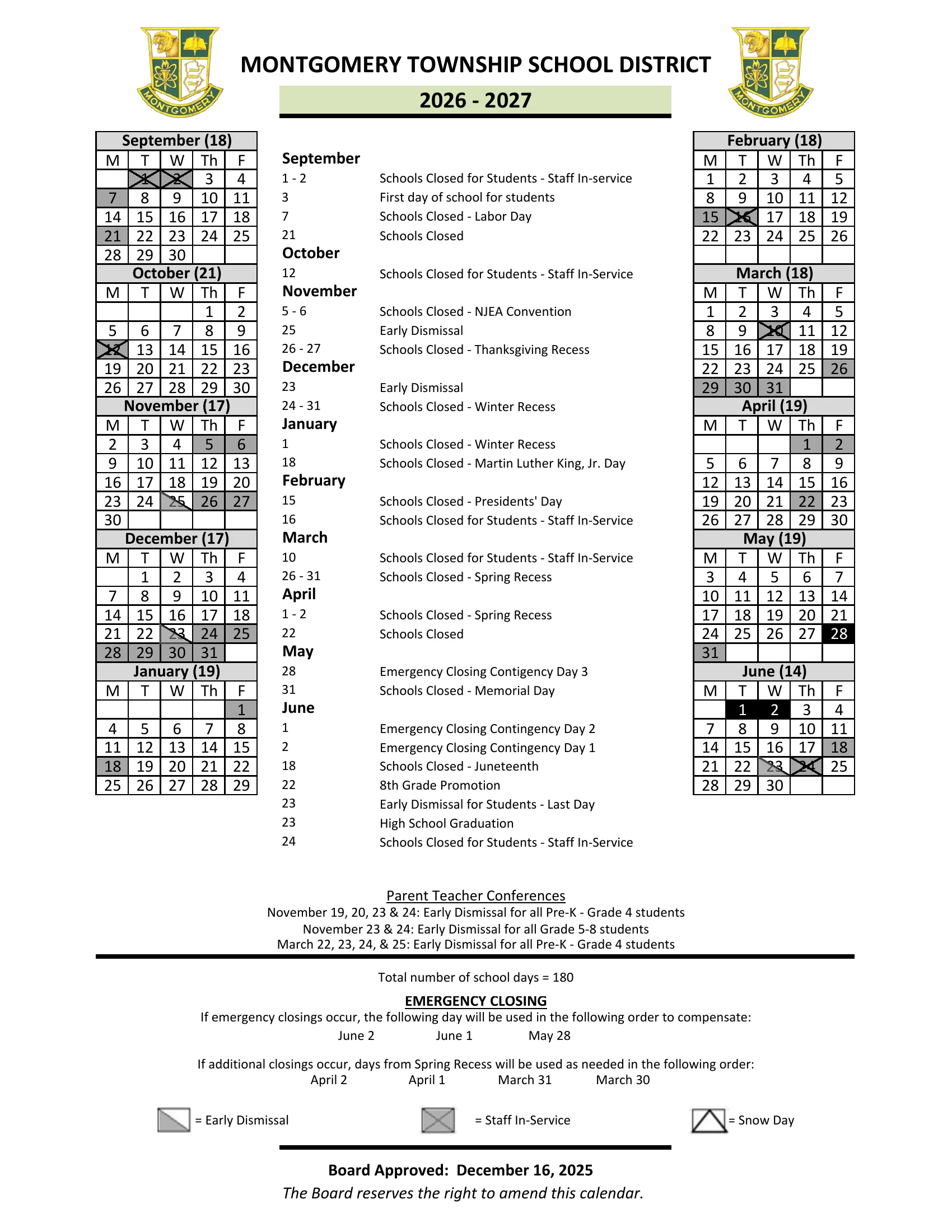 The Montgomery Township School District 2026-2027 calendar: weekday month grids from September 2026 to June 2027 with each month's school day count, closed days in gray, early dismissals and staff in-service days marked with slashes and crosses, emergency closing days in black, a dated list of closings in the middle, and boxes on parent-teacher conferences, the 180-day total and the emergency closing order.