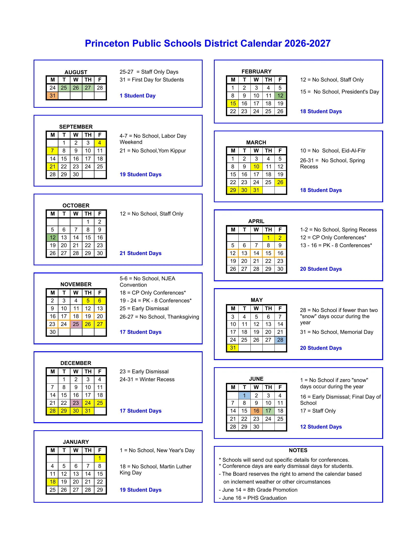 The Princeton Public Schools District Calendar 2026-2027: weekday month grids from August 2026 to June 2027 with no-school days in yellow, staff-only days in green, early dismissals in pink, conference weeks outlined in orange and the conditional snow days in blue, each month's dates and student day count beside it, and notes on conferences, promotion and graduation.