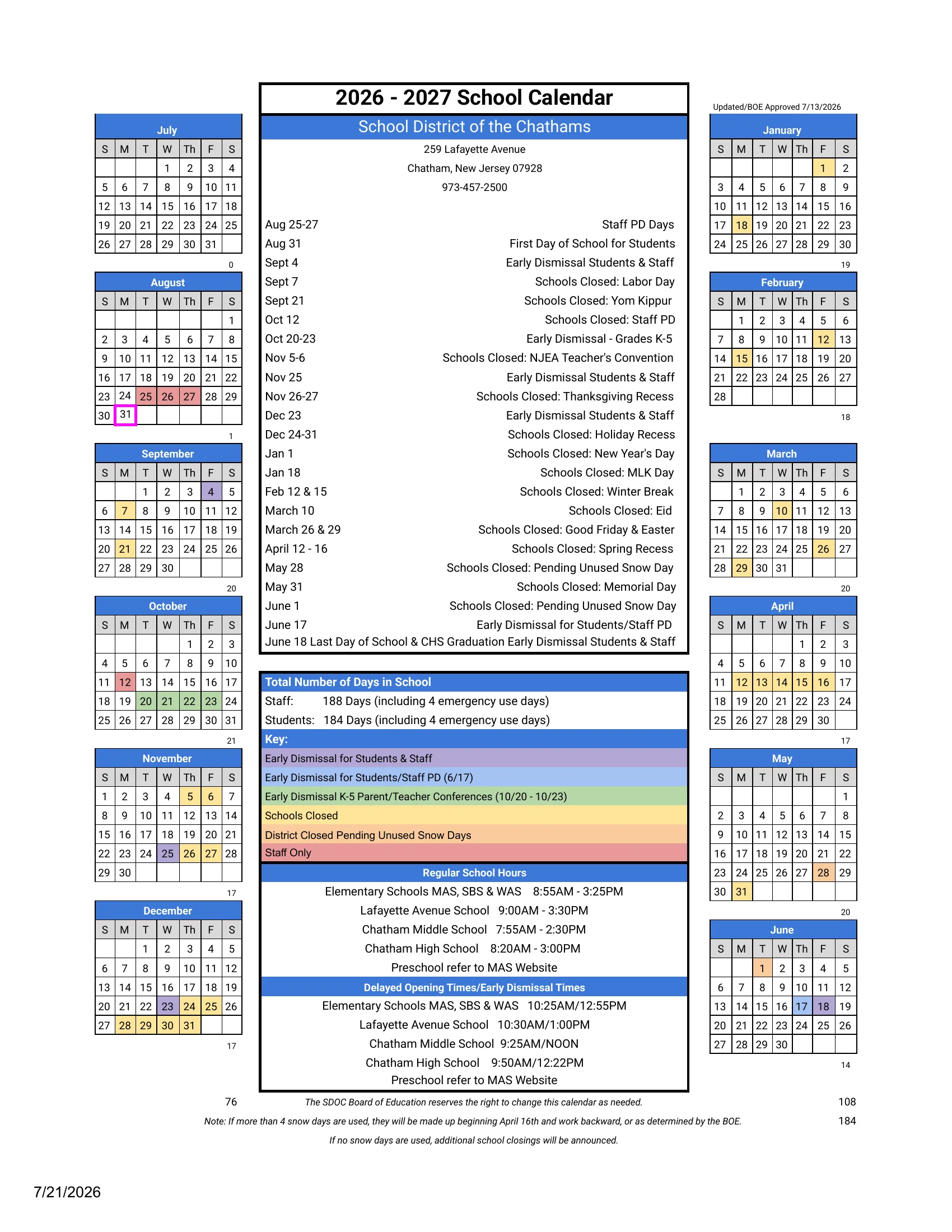The School District of the Chathams 2026-2027 School Calendar, BOE approved 7/13/2026: month grids from July 2026 to June 2027 with early dismissals in purple, the June 17 staff PD early dismissal in blue, K-5 conference early dismissals in green, schools closed in yellow, closings pending unused snow days in orange and staff-only days in red, a dated list of closings and early dismissals, monthly and total day counts, and regular and early dismissal times for each school.