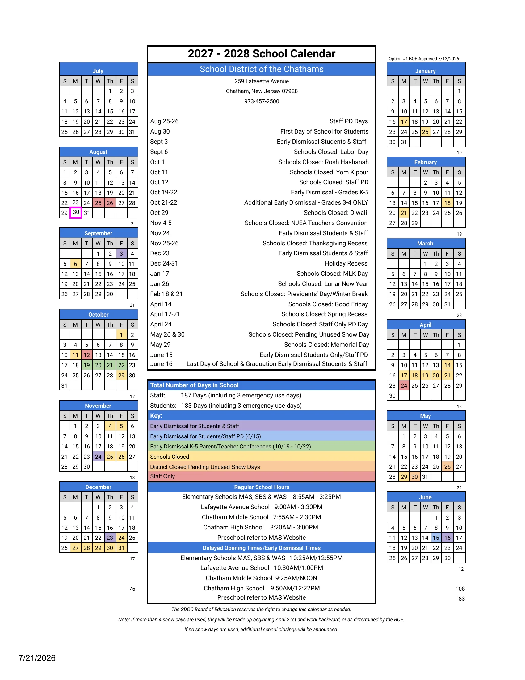 The School District of the Chathams 2027-2028 School Calendar, BOE approved 7/13/2026: month grids from July 2027 to June 2028 with early dismissals in purple, the June 15 staff PD early dismissal in blue, K-5 conference early dismissals in green, schools closed in yellow, closings pending unused snow days in orange and staff-only days in red, a dated list of closings and early dismissals, monthly and total day counts, and regular and early dismissal times for each school.
