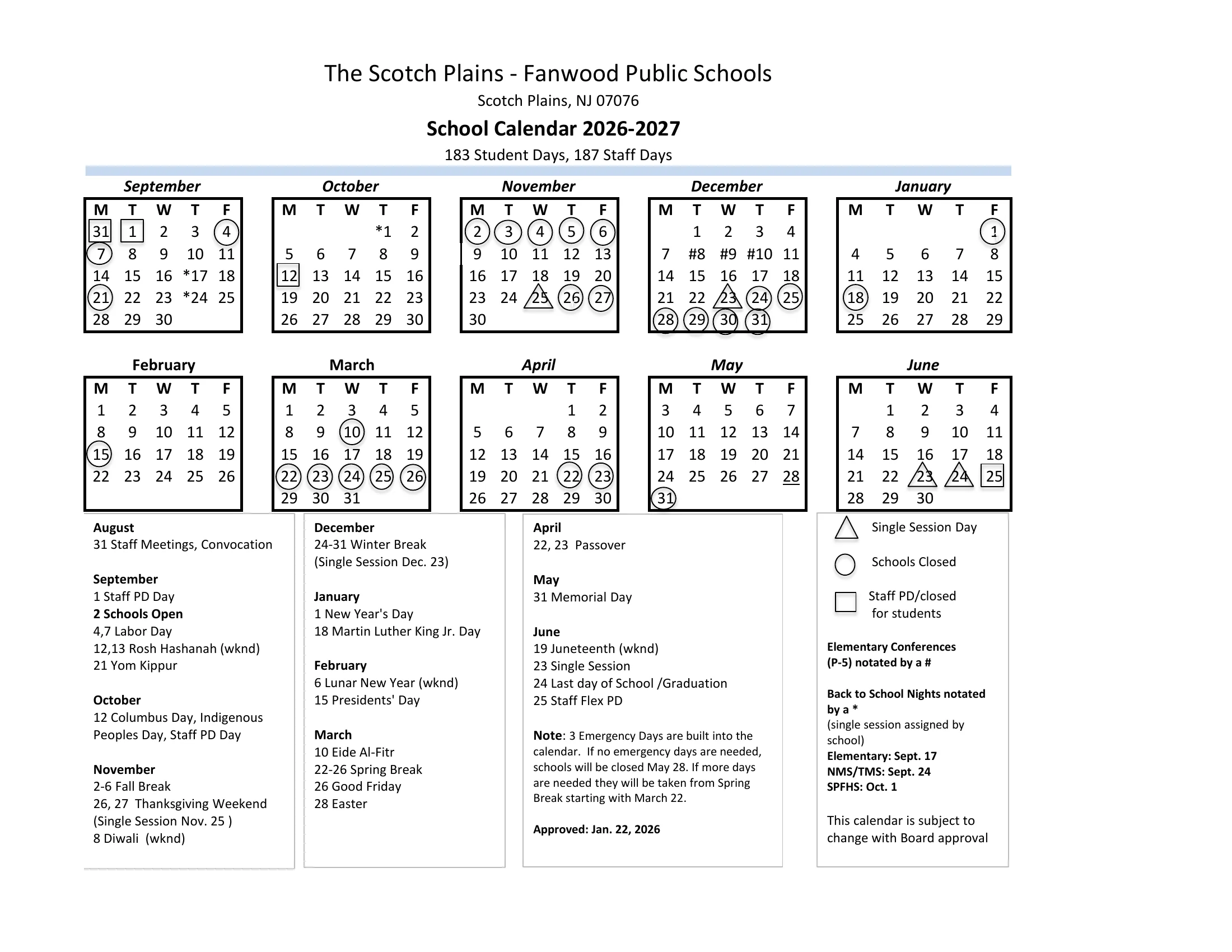 The Scotch Plains-Fanwood Public Schools School Calendar 2026-2027: month grids from September 2026 to June 2027 with school closings circled, single session days in triangles, staff PD days in squares, conference and back to school night marks, a month-by-month list of dates and the emergency day note.