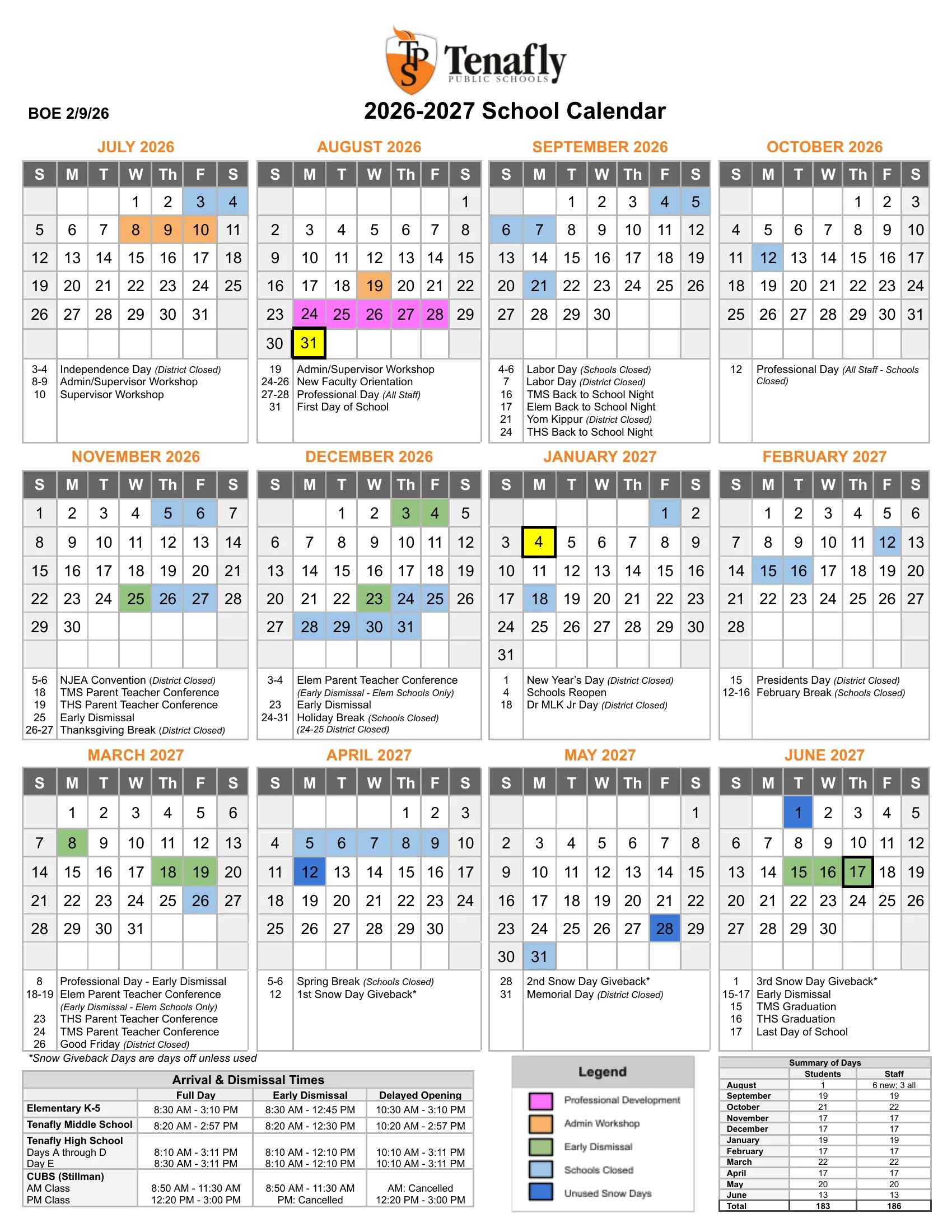 The Tenafly Public Schools 2026-2027 School Calendar (BOE 2/9/26): month grids from July 2026 to June 2027 with schools closed in light blue, early dismissals in green, unused snow days in dark blue, professional development in pink and admin workshops in orange, notes under each month, the arrival and dismissal times and a summary of student and staff days by month.