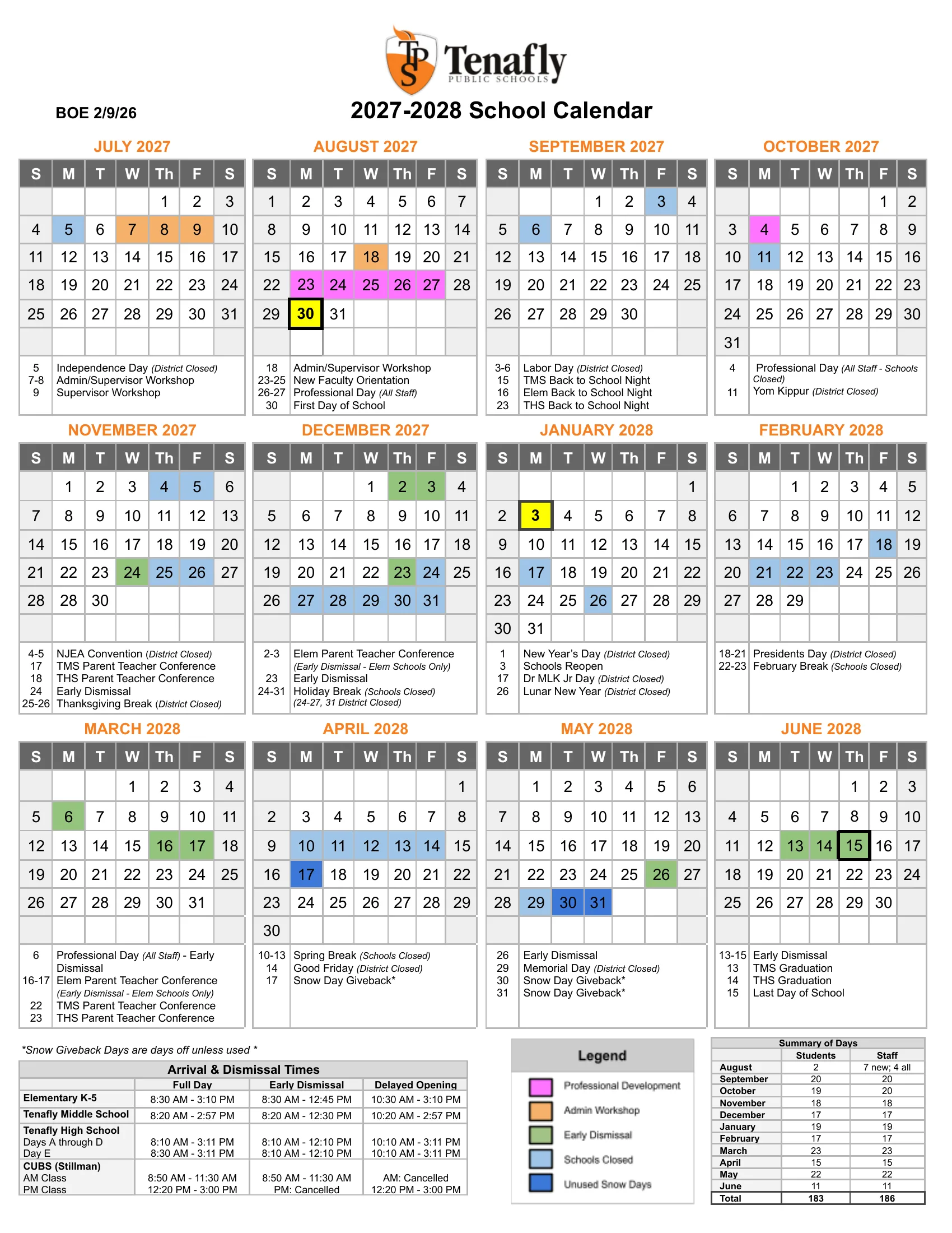 The Tenafly Public Schools 2027-2028 School Calendar (BOE 2/9/26): month grids from July 2027 to June 2028 with schools closed in light blue, early dismissals in green, unused snow days in dark blue, professional development in pink and admin workshops in orange, notes under each month, the arrival and dismissal times and a summary of student and staff days by month.