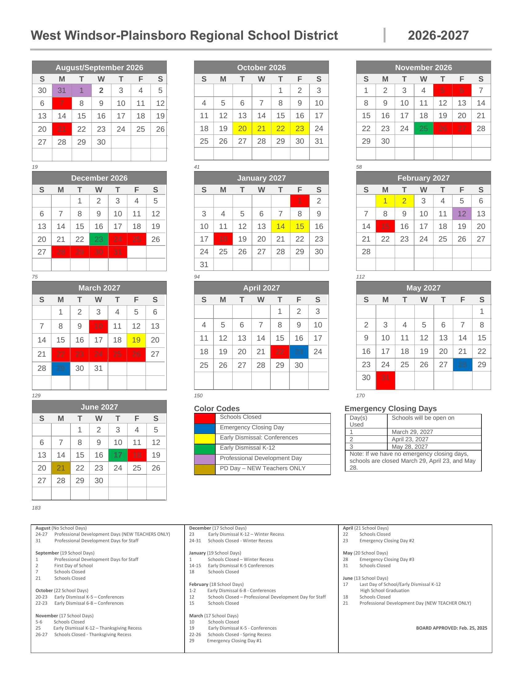 The West Windsor-Plainsboro Regional School District 2026-2027 calendar: month grids from August to June with schools closed in red, emergency closing days in blue, conference early dismissals in yellow, K-12 early dismissals in green and professional development days in purple, a table of which emergency closing days become school days, and a month-by-month list of dates.