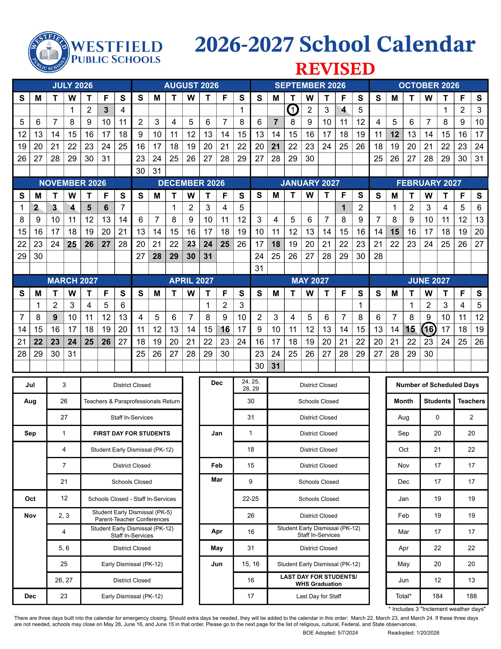 The Westfield Public Schools 2026-2027 School Calendar, revised: month grids from July 2026 to June 2027 with closed days shaded gray, early dismissals half shaded and the first and last days circled, a dated list of closings and early dismissals, the number of scheduled days by month and the emergency closing note. Page 2 is the 2026-2027 school day schedule with regular, delayed opening and early dismissal times for each school level.