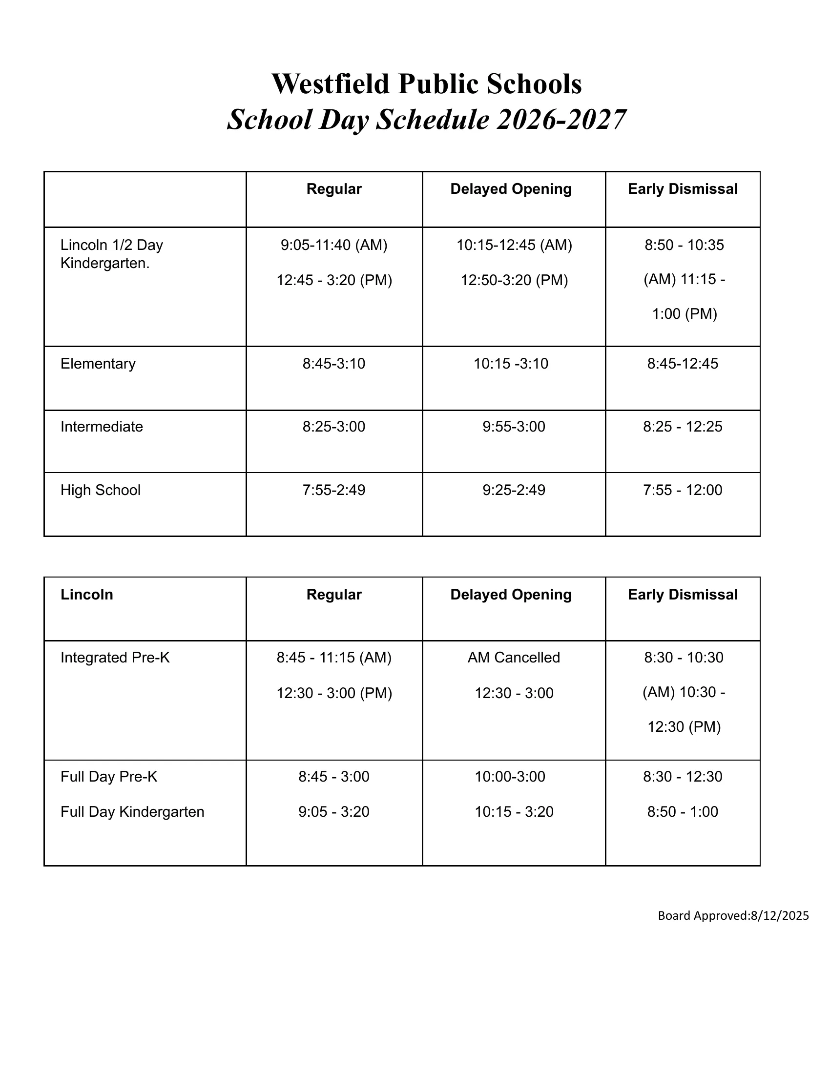 The Westfield Public Schools 2026-2027 School Calendar, revised: month grids from July 2026 to June 2027 with closed days shaded gray, early dismissals half shaded and the first and last days circled, a dated list of closings and early dismissals, the number of scheduled days by month and the emergency closing note. Page 2 is the 2026-2027 school day schedule with regular, delayed opening and early dismissal times for each school level. Page 2 of 2.